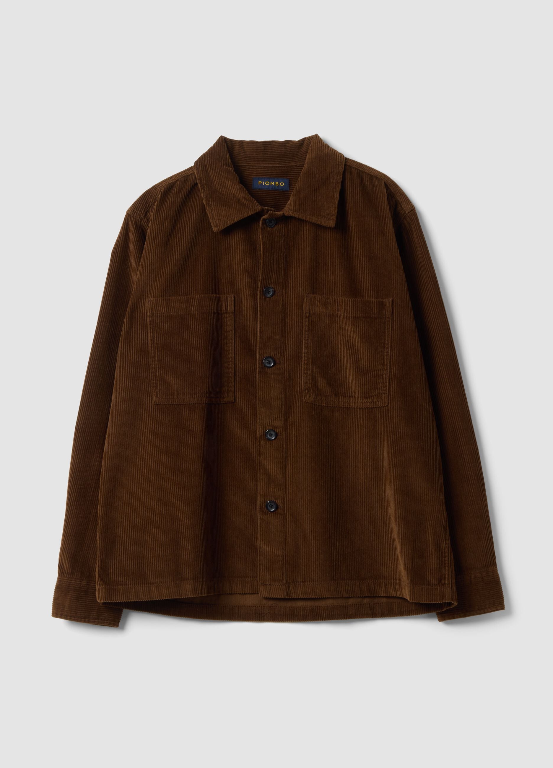 Brown ribbed pure cotton shacket with buttons
