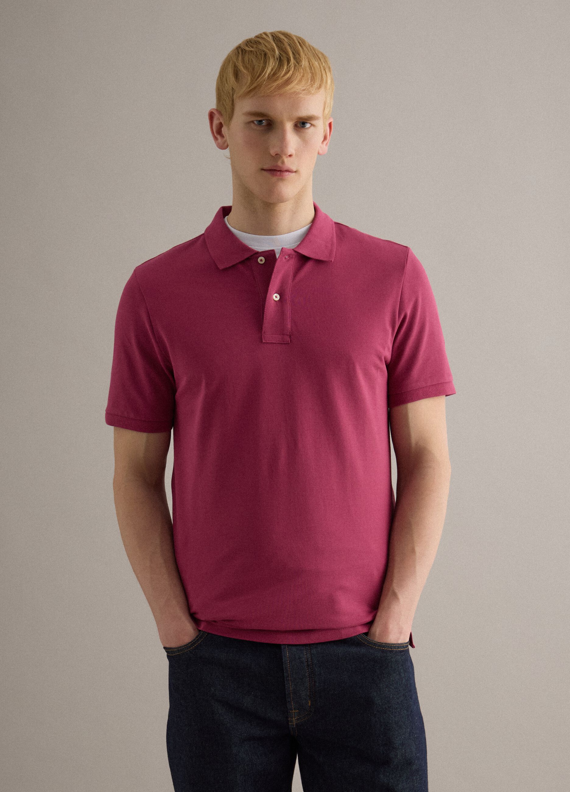 Short-sleeved pure cotton pink polo shirt regular fit