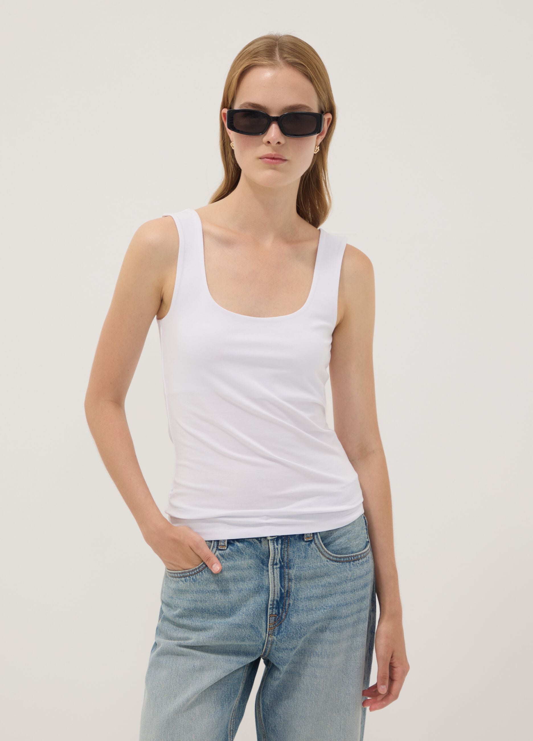 White fitted stretch-cotton tank top