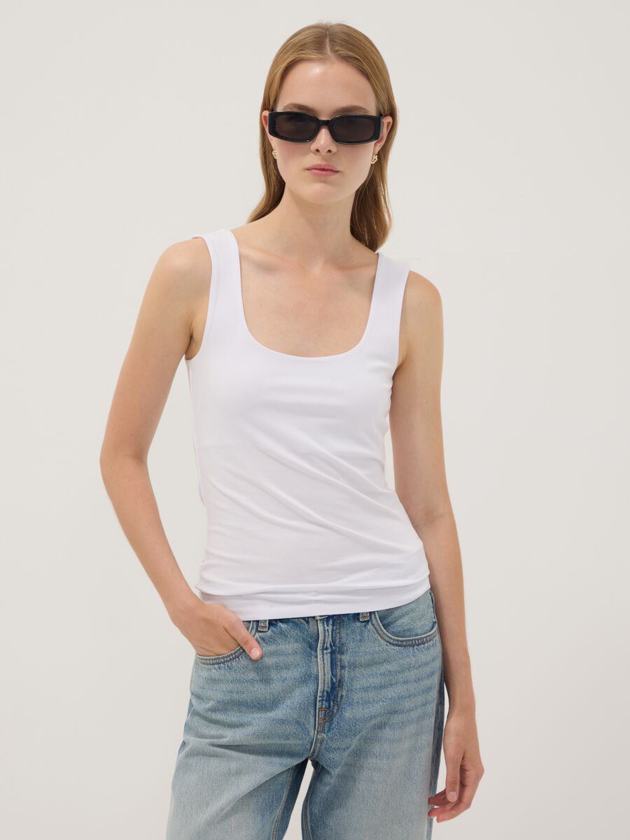 White fitted stretch-cotton tank top_0