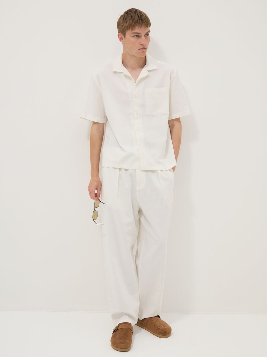 Pantaloni bianchi in misto lino e cotone con vita elasticizzata_0