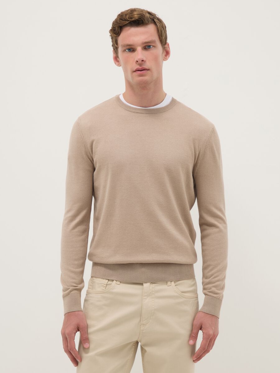 Beige crew neck pullover in regular fit cotton blend_0