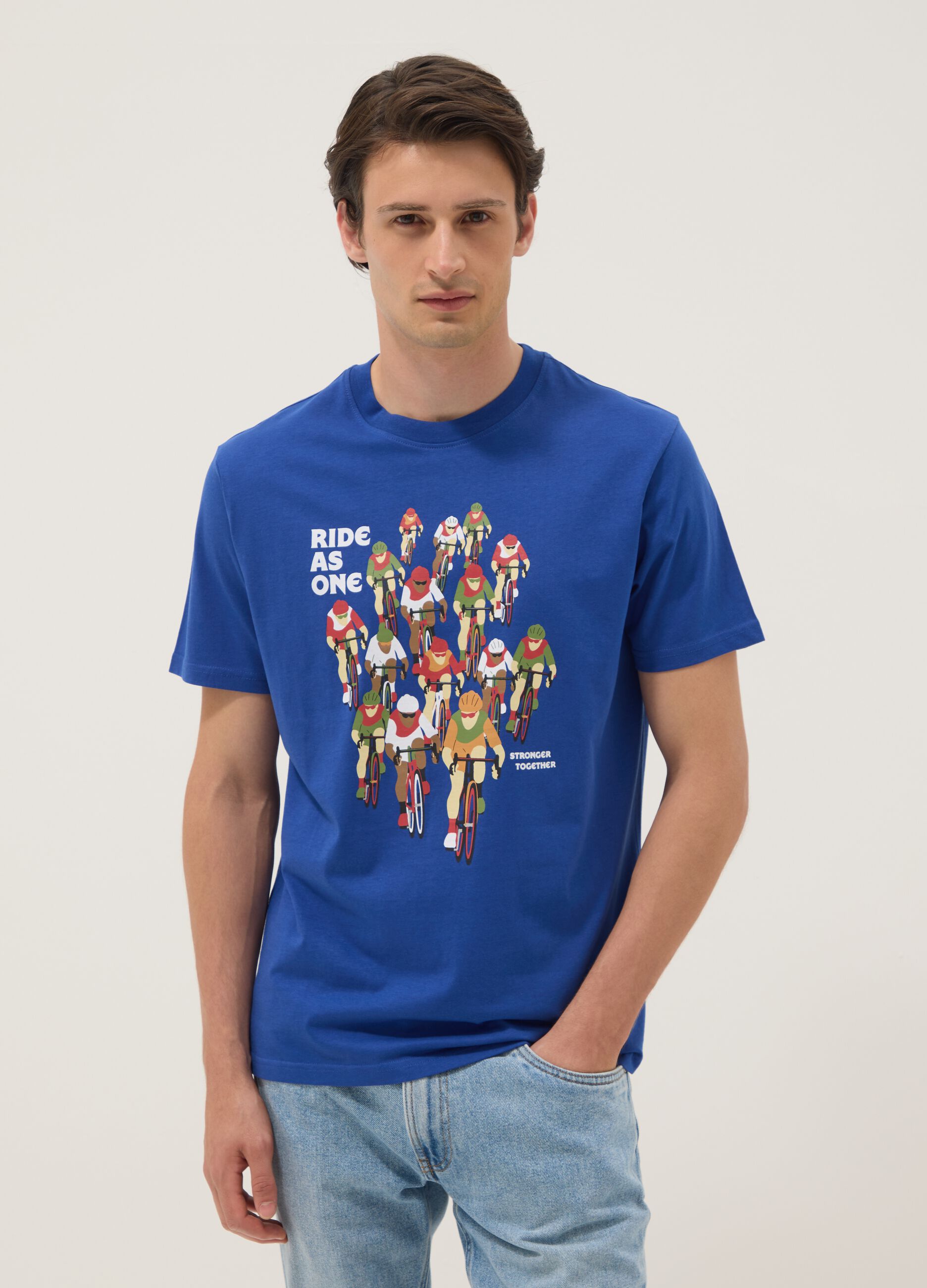 Blue pure cotton T-shirt with print, regular fit
