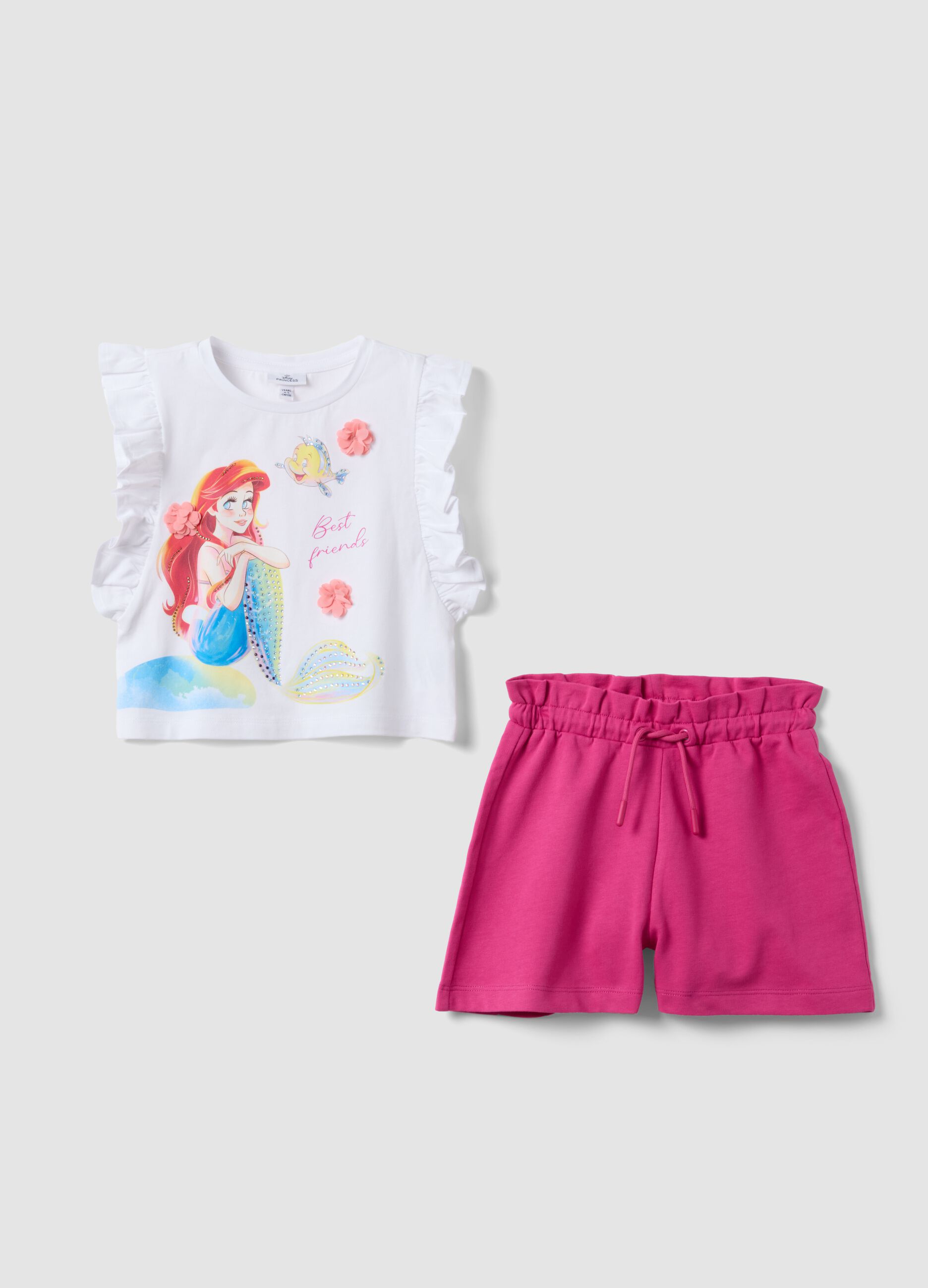White and pink stretch cotton T-shirt and shorts set for girls, regular fit