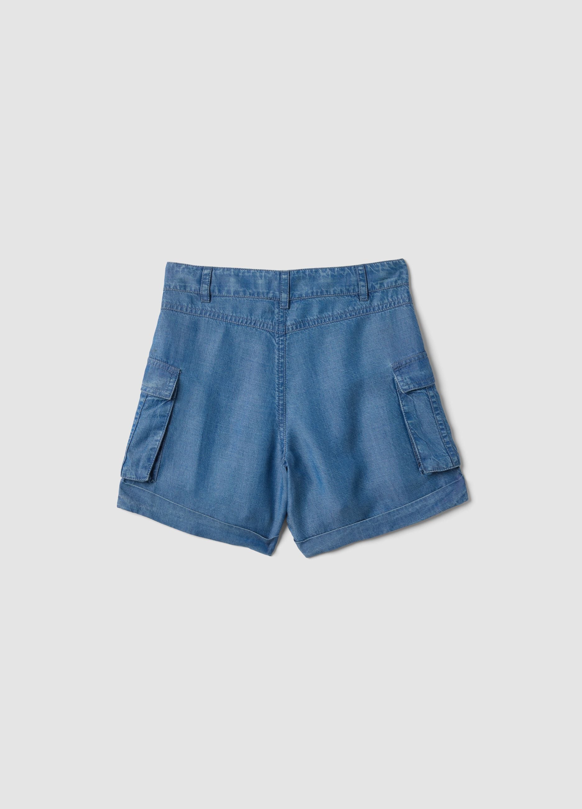 Blue pure lyocell cargo shorts for girls, regular fit