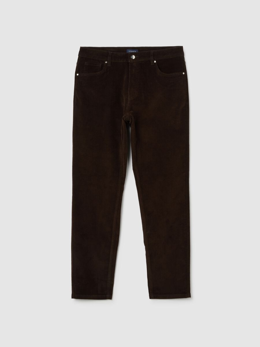 Pantaloni in cotone elasticizzato marroni slim fit a coste_0