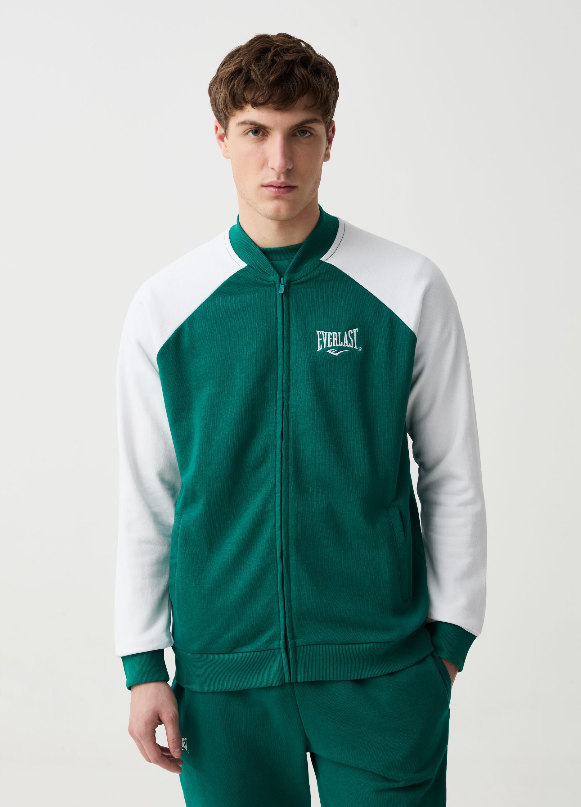 Full-zip in felpa bicolore con ricamo logo