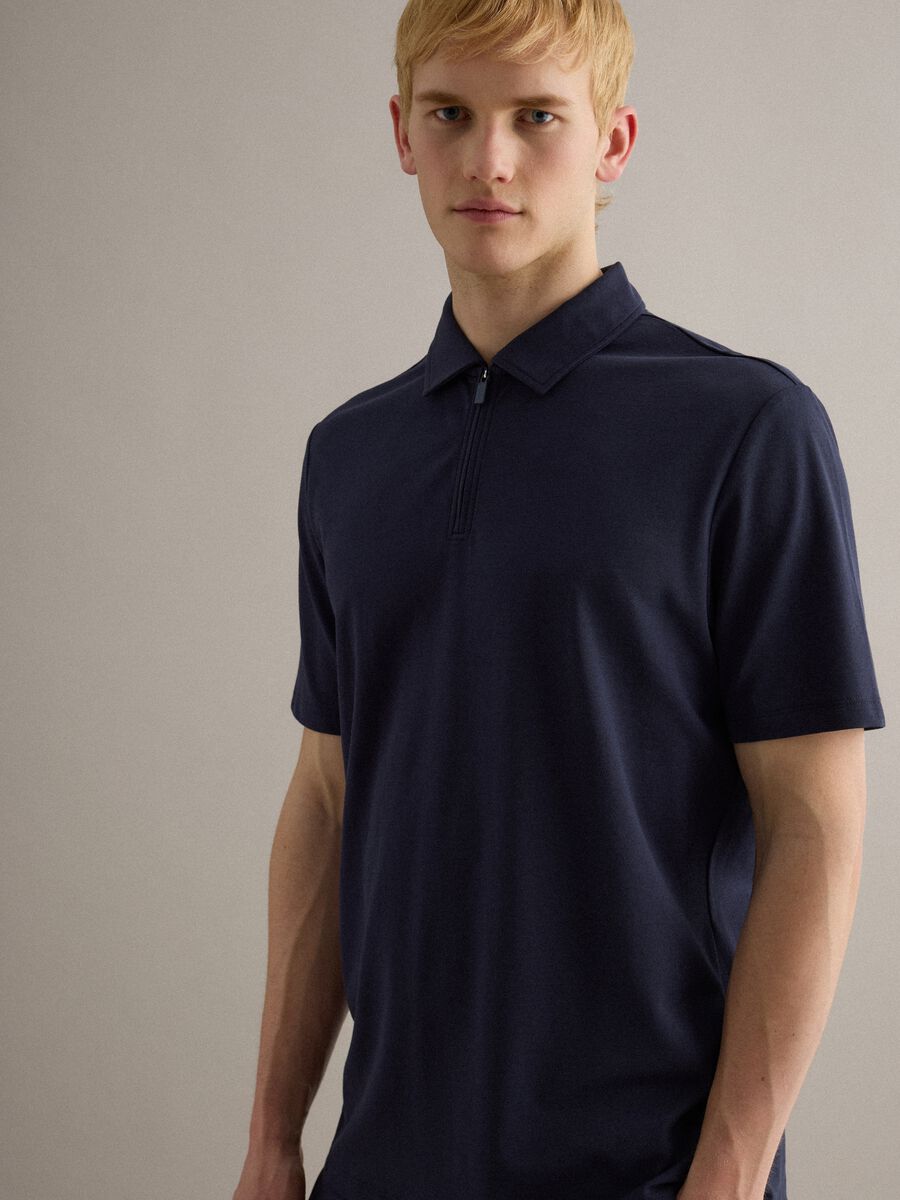 Short-sleeved blue stretch cotton polo regular fit_3
