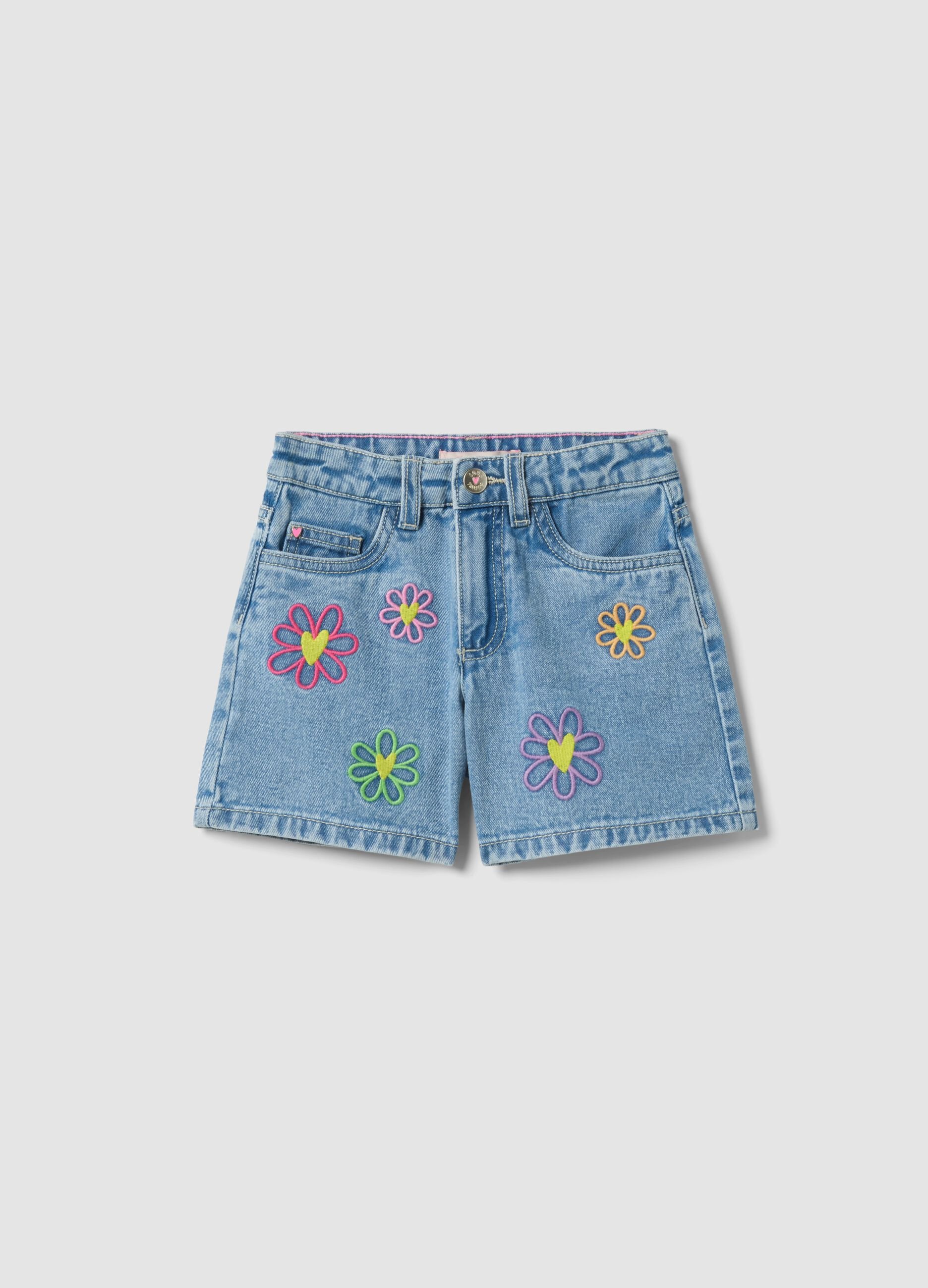 Shorts in puro cotone denim azzurri da bambina regular fit con ricami