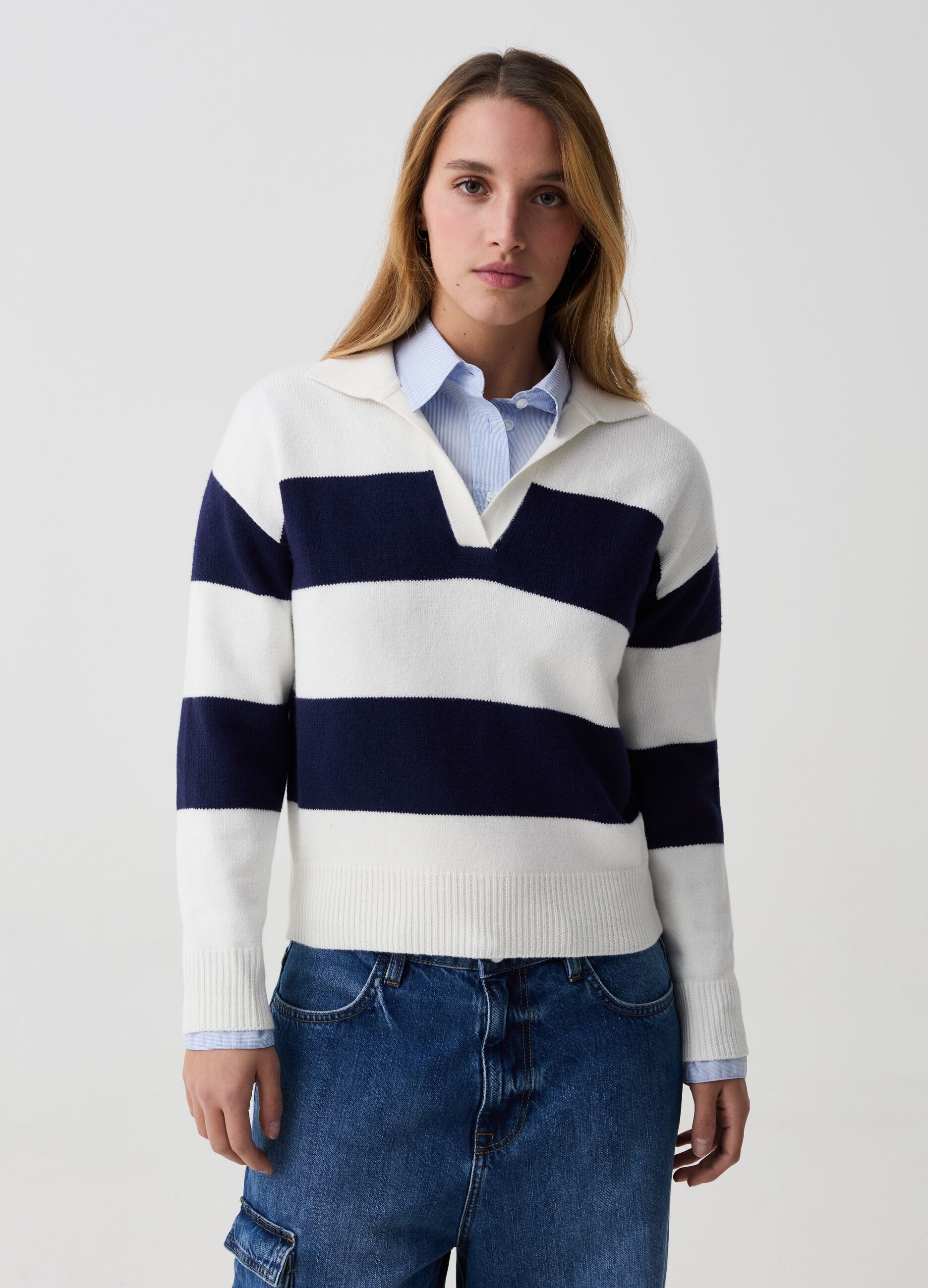Striped top with polo neck