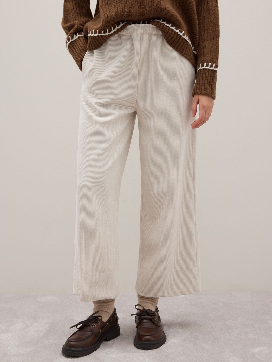 White Pure Cotton Ribbed Regular Fit Trousers_1