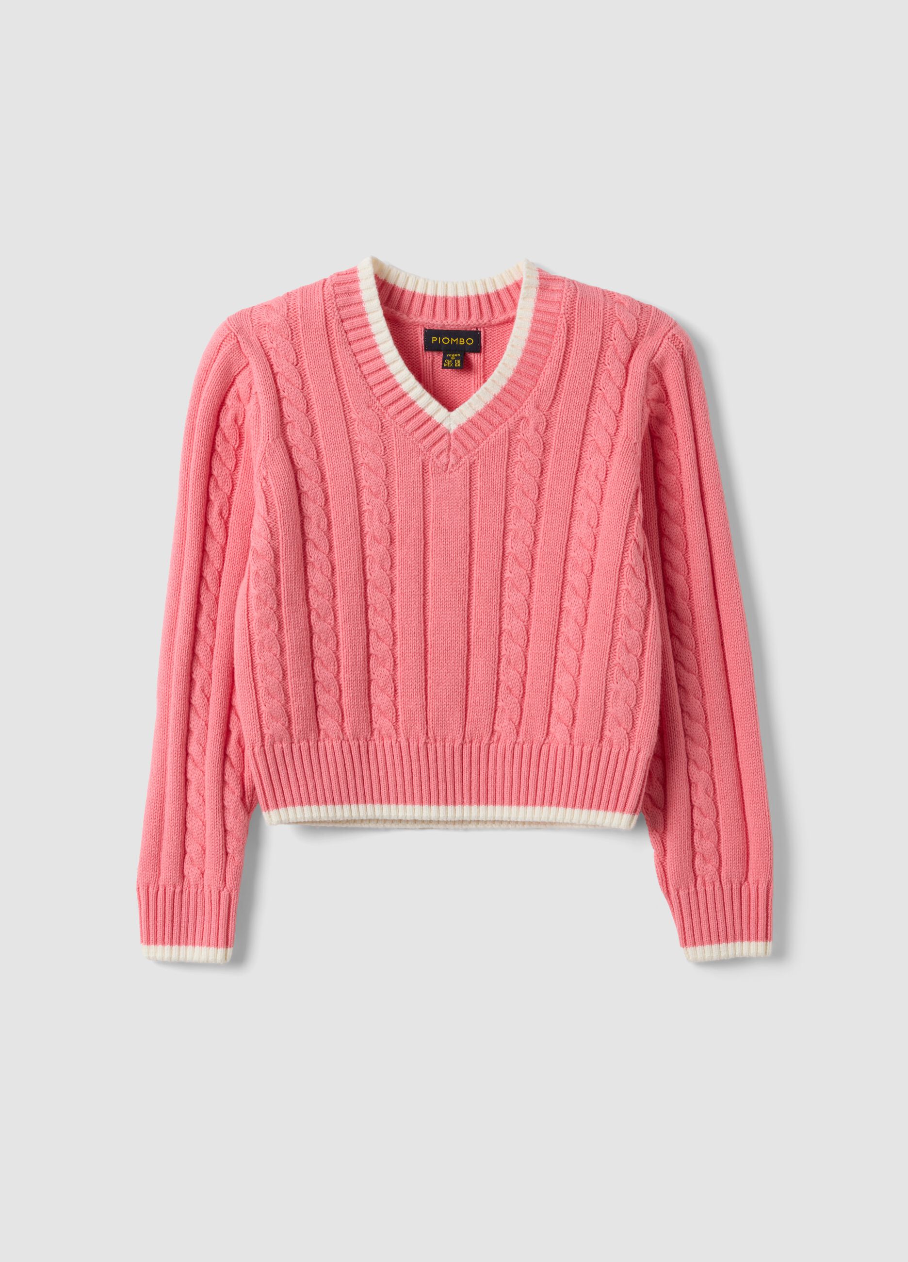Maglia rosa in puro cotone a trecce con scollo a V per bambina