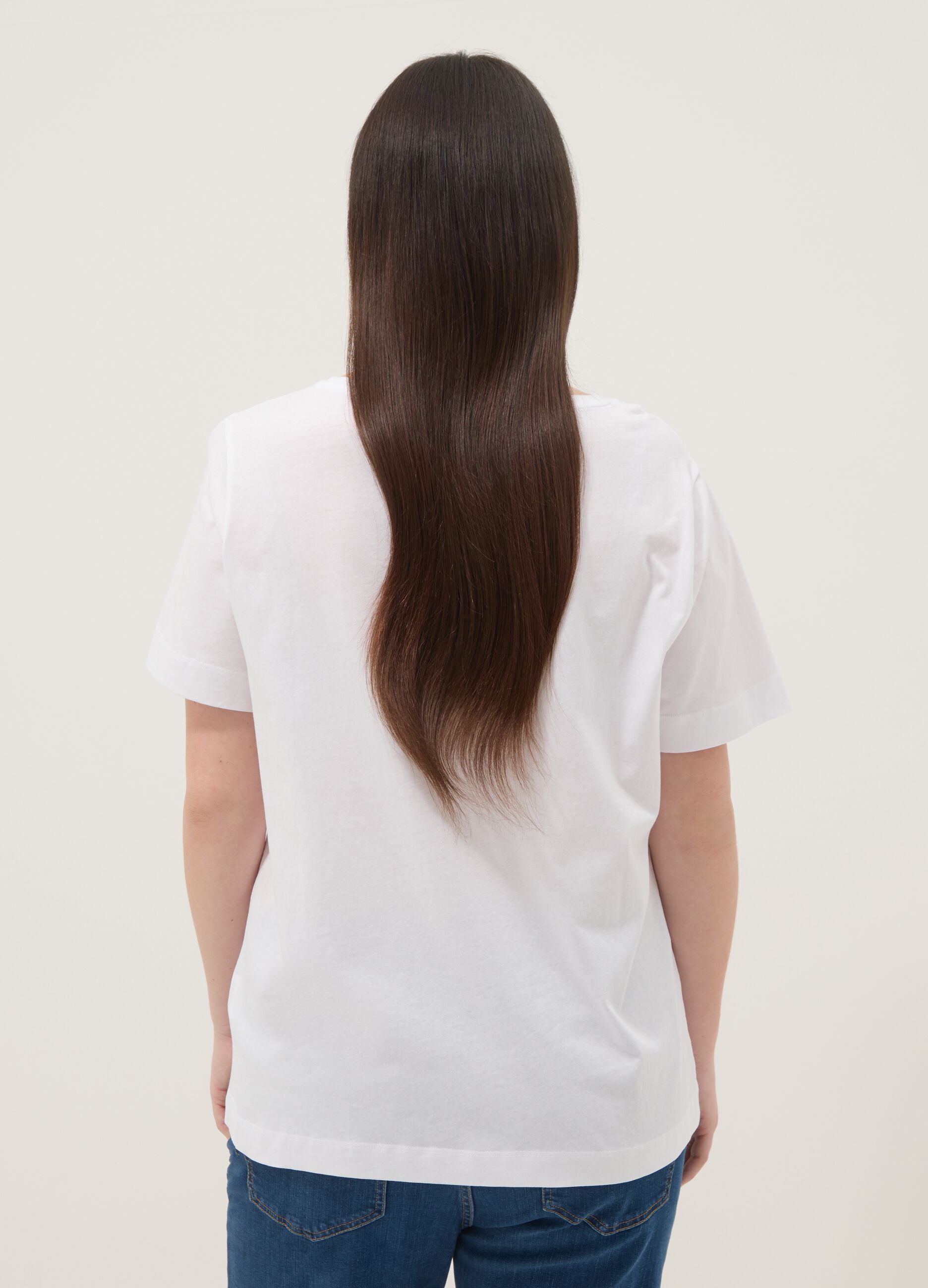 White pure cotton T-shirt with printed design, regular fit