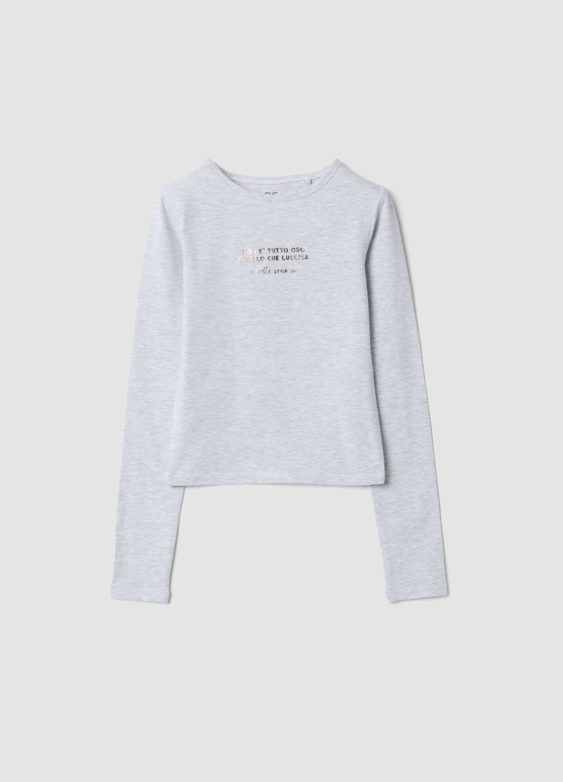 T-shirt grigia in cotone organico elasticizzato con scritta slim fit