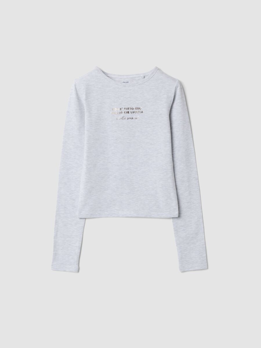 T-shirt grigia in cotone organico elasticizzato con scritta slim fit_0
