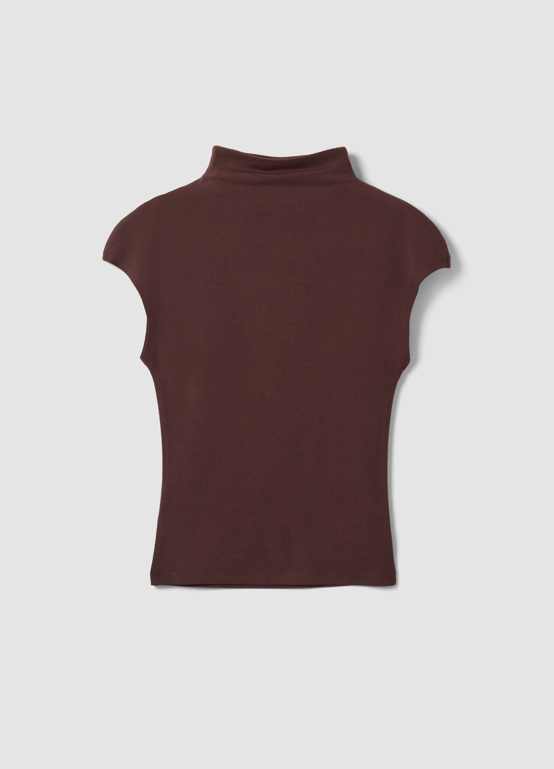 Brown fitted modal and stretch cotton T-shirt with high neck