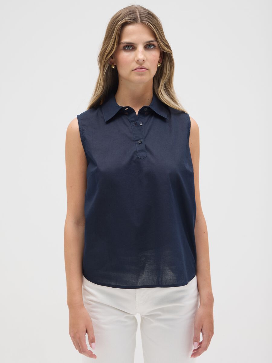 Women's Sleeveless Blue Cotton Shirt - Regular Fit_0