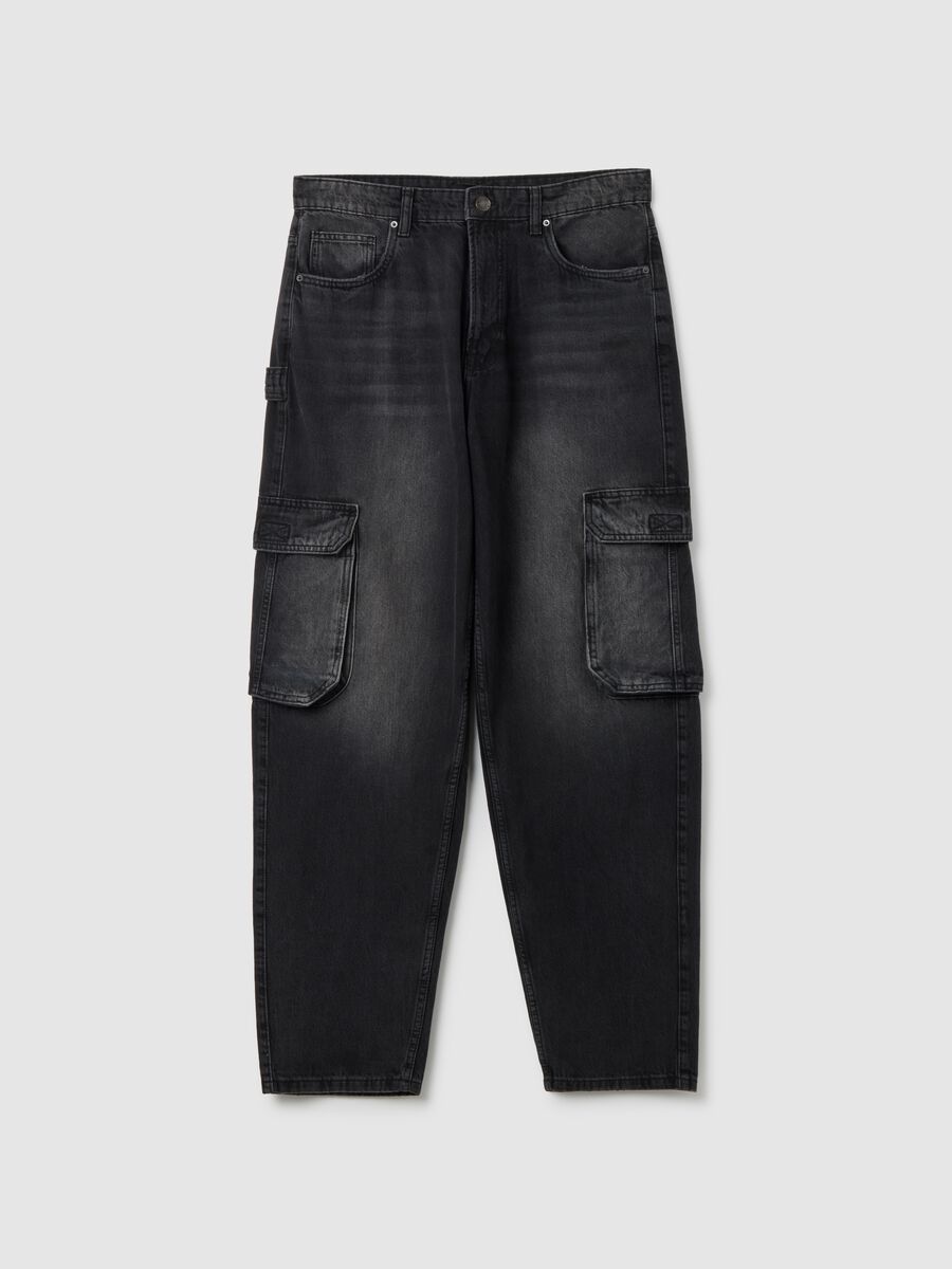 Jeans baggy in puro cotone neri con tasche cargo_4