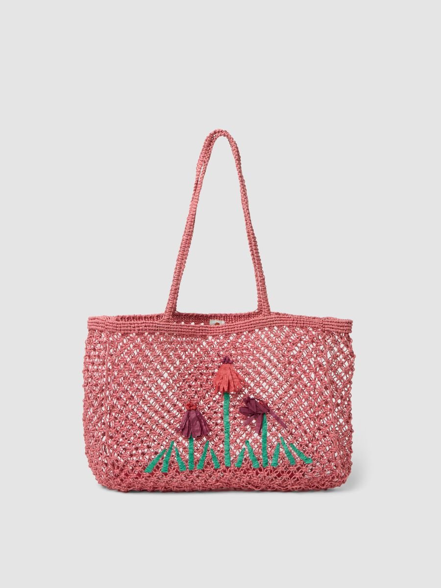 Multicolour open-weave mesh jute-blend beach bag_0