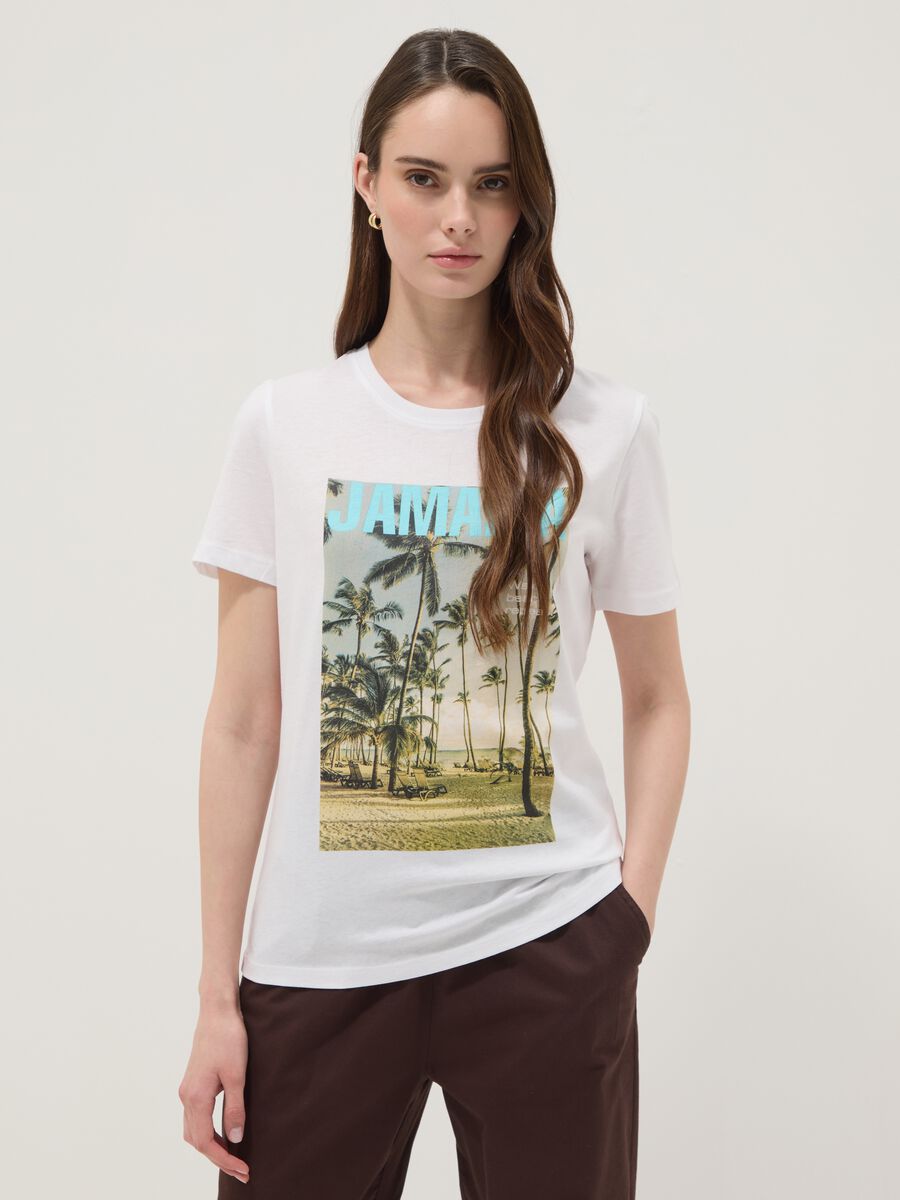 White pure cotton T-shirt with front print, regular fit_1
