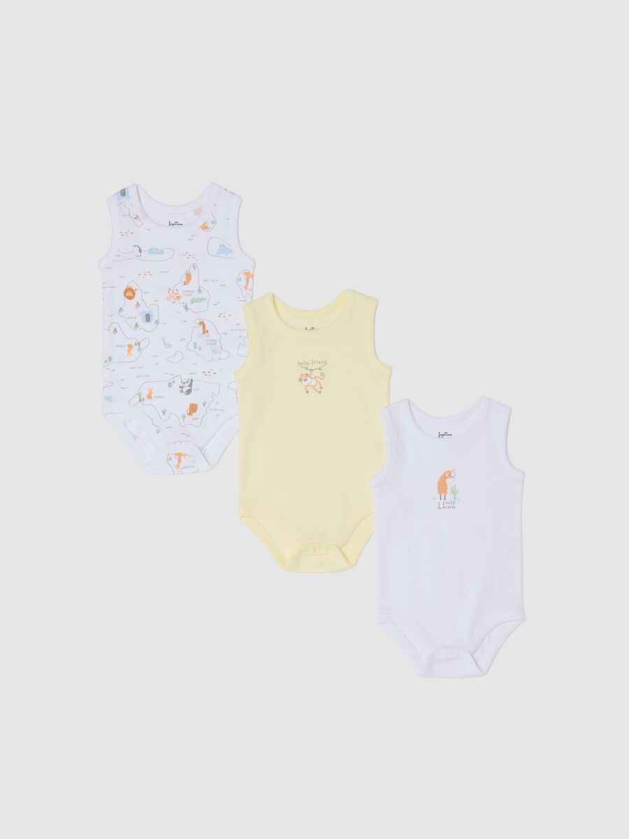 Three-pack white and yellow bodysuits in organic cotton with print_0
