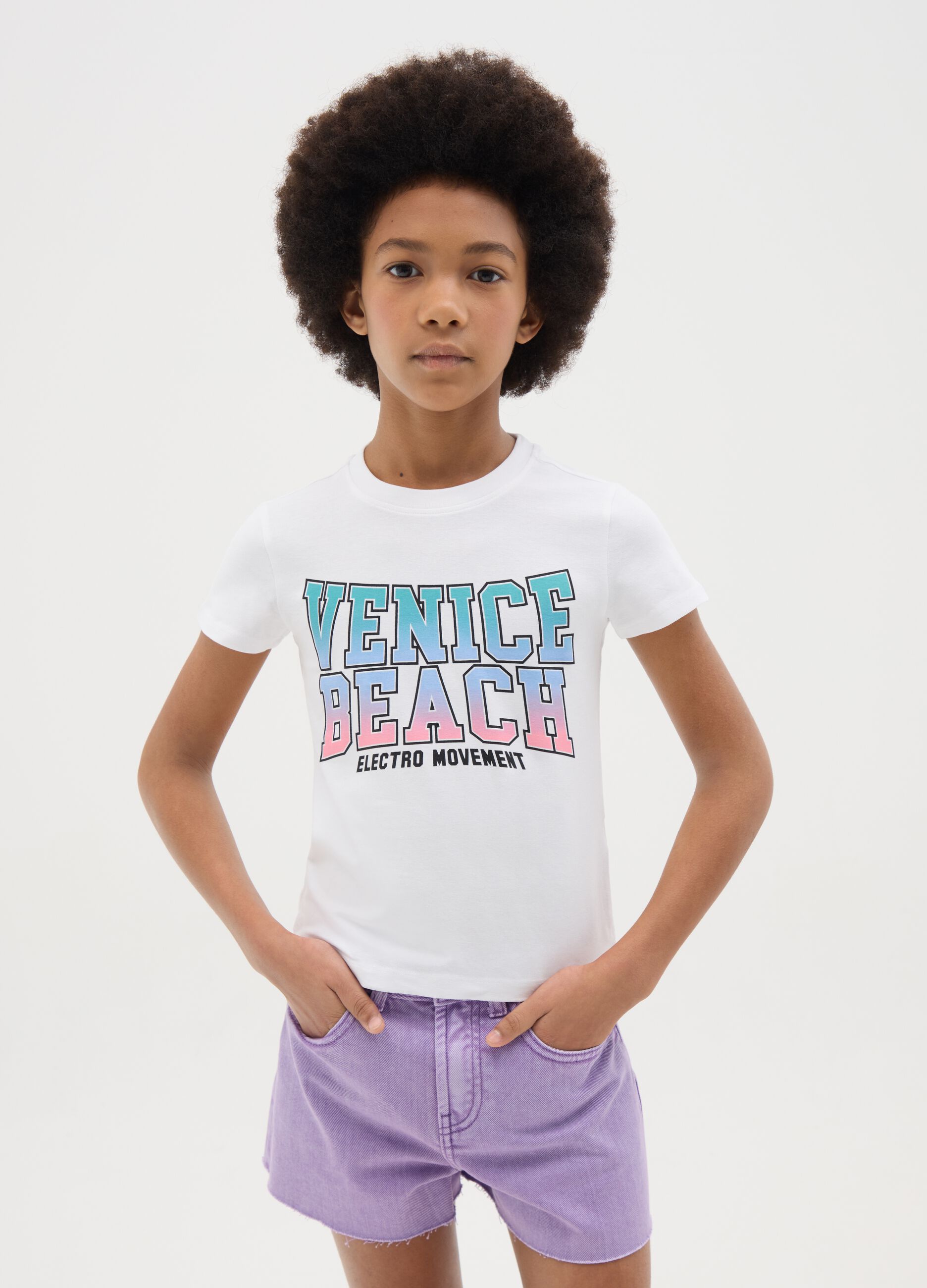 White stretch cotton T-shirt with print