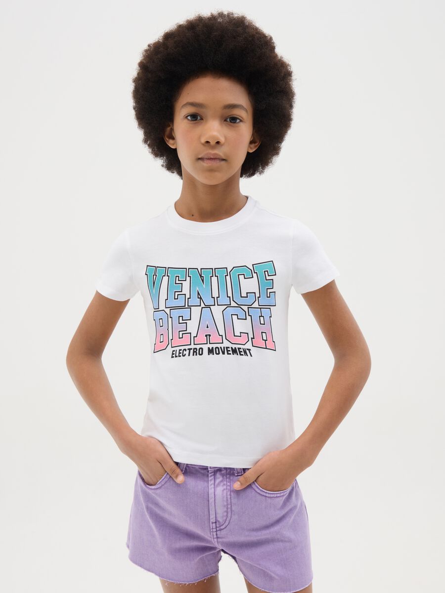 White stretch cotton T-shirt with print_0