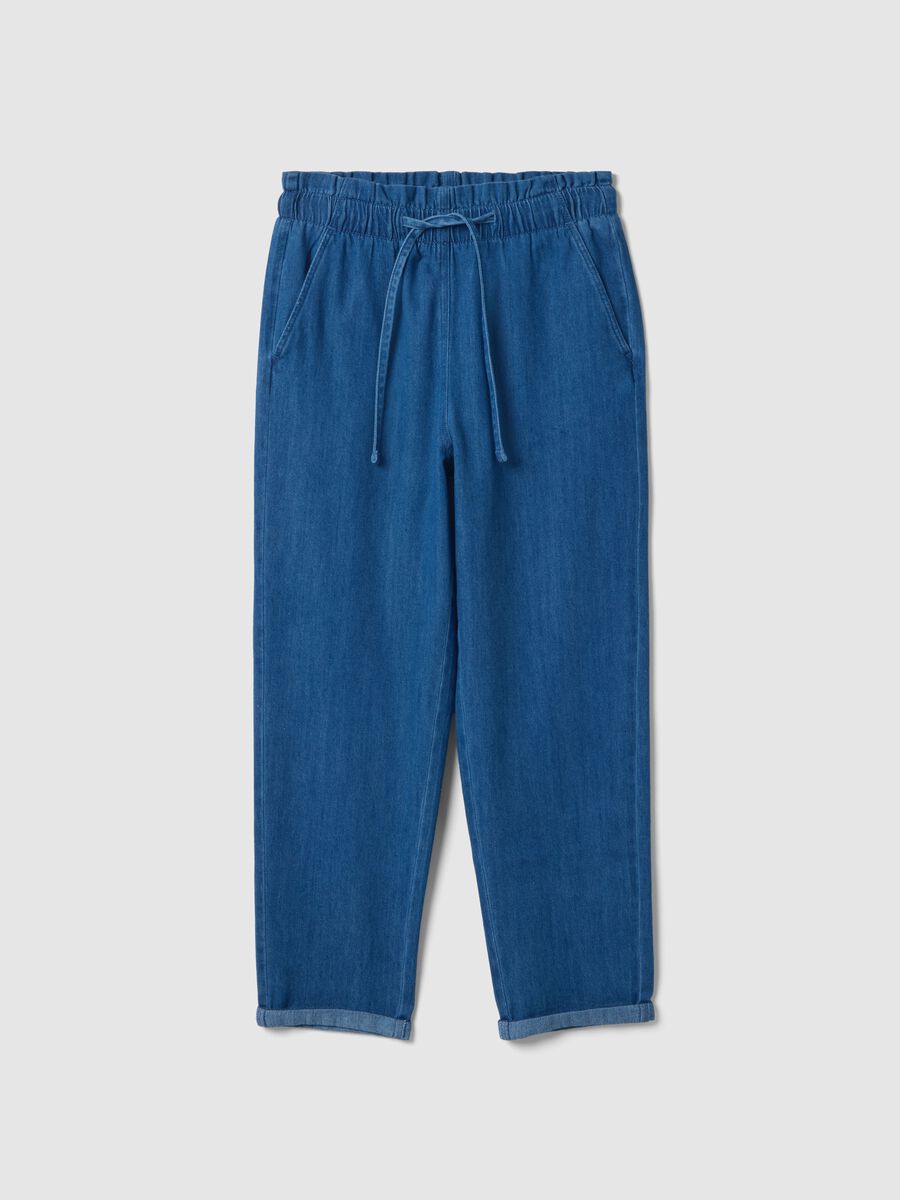 Paper bag trousers in pure blue denim cotton regular fit_4