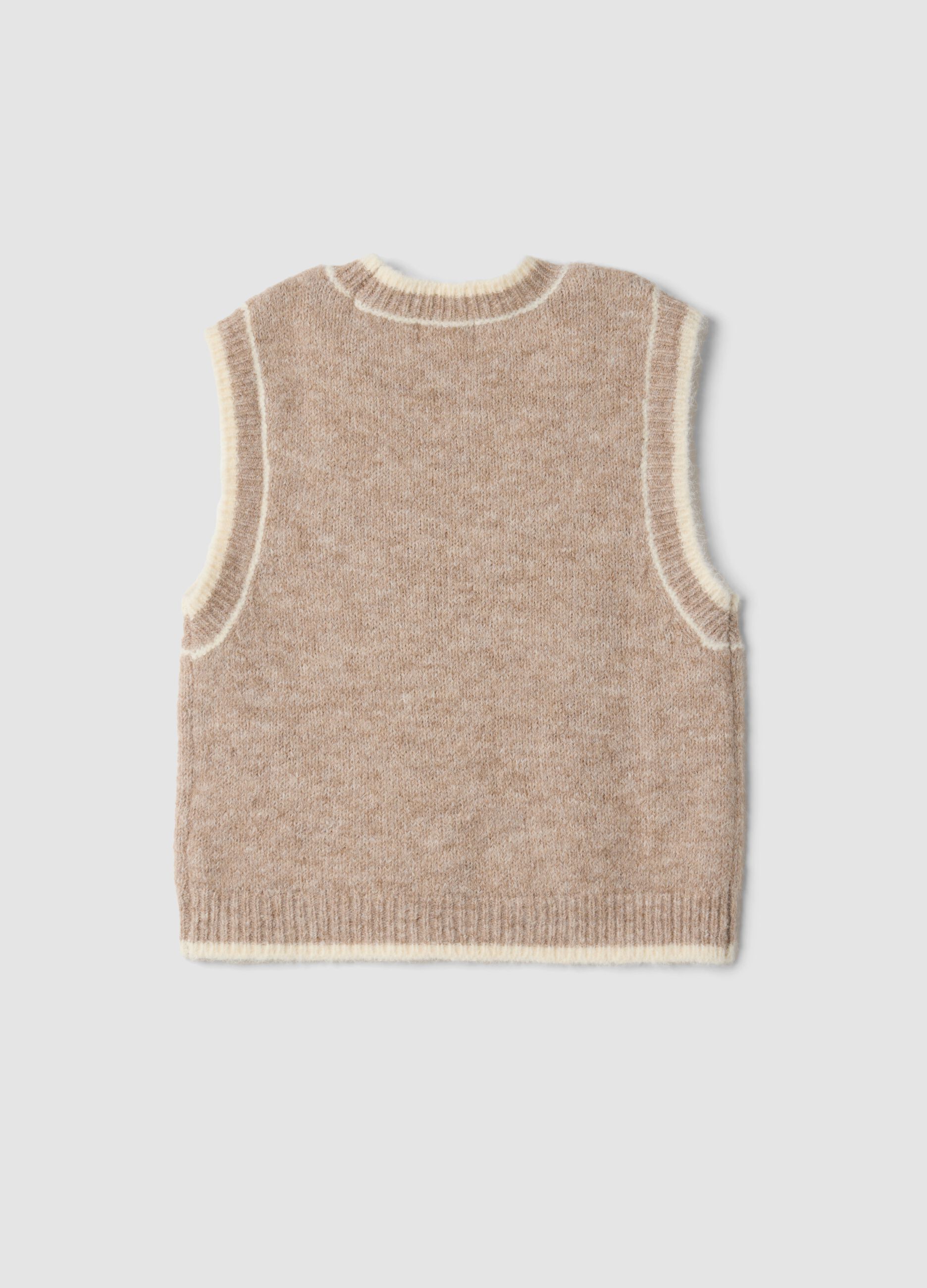 Beige stretch wool crew-neck gilet with oversized fit