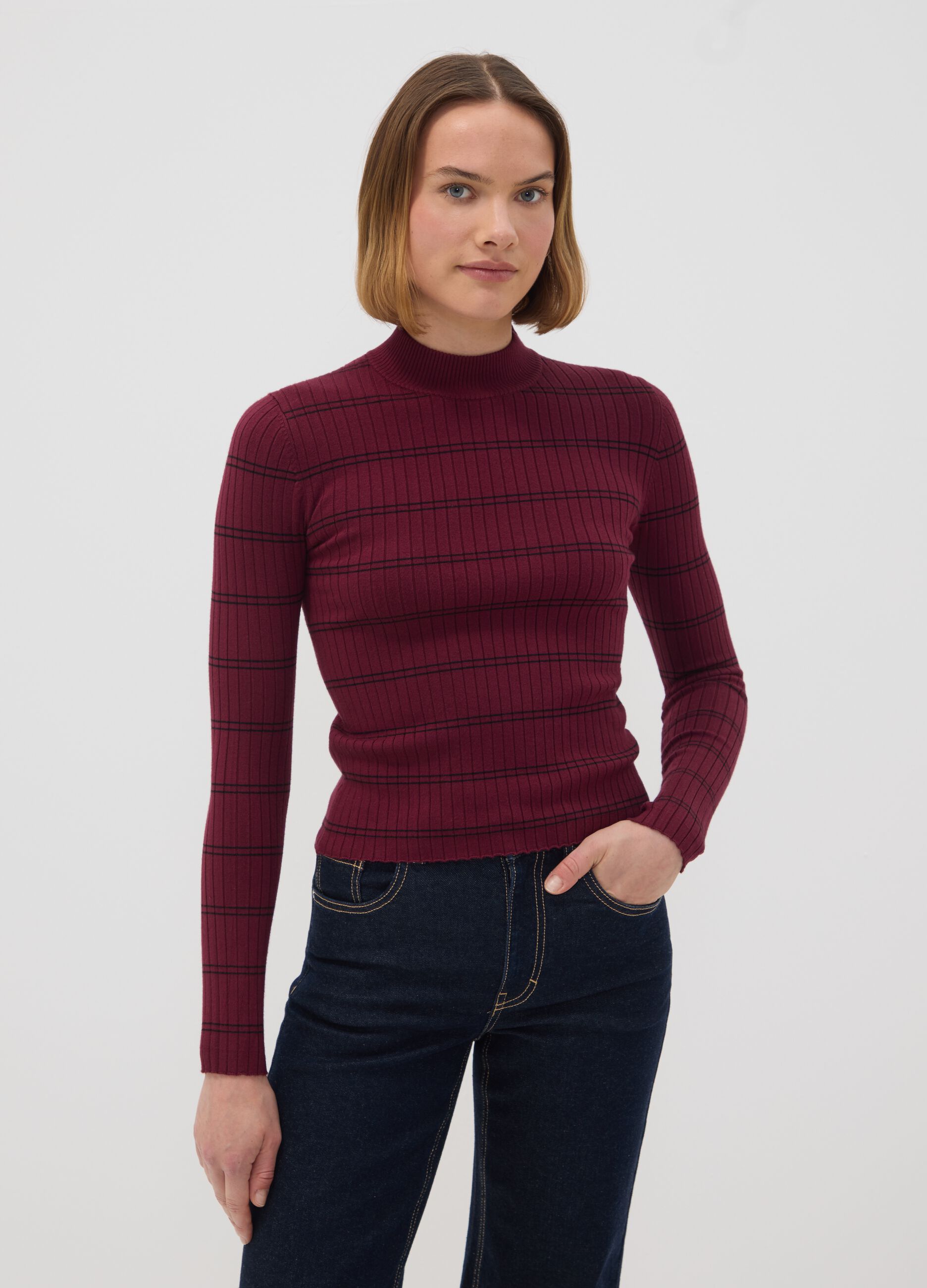Dark red viscose-blend fitted jumper with funnel neck