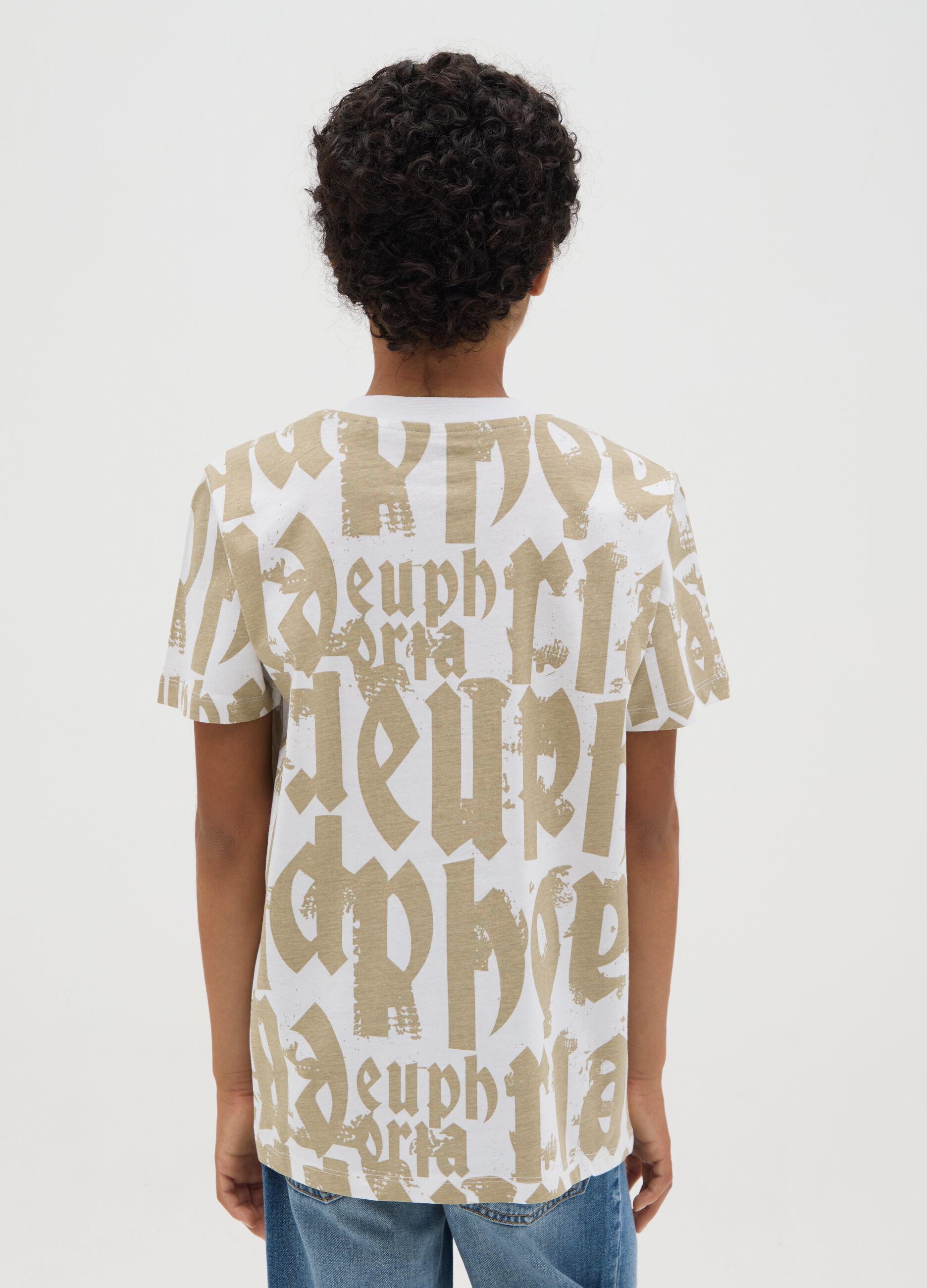 Short Sleeve T-shirt with Graffiti Effect Print in Cotton