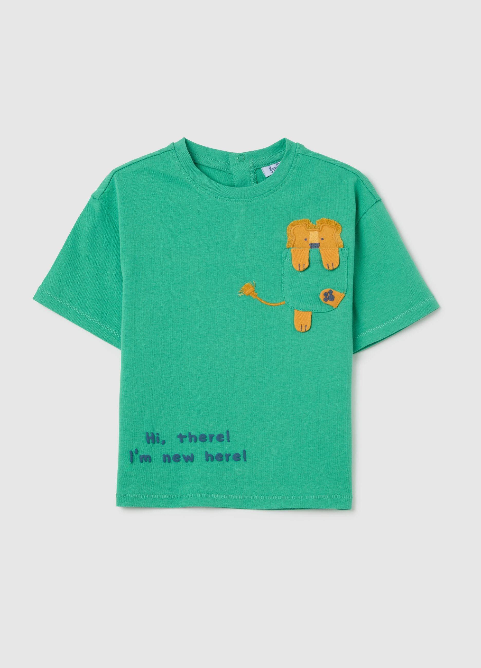 Green cotton T-shirt with lion motif