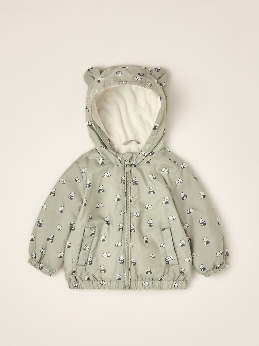 Green padded jacket with hood and panda print_0