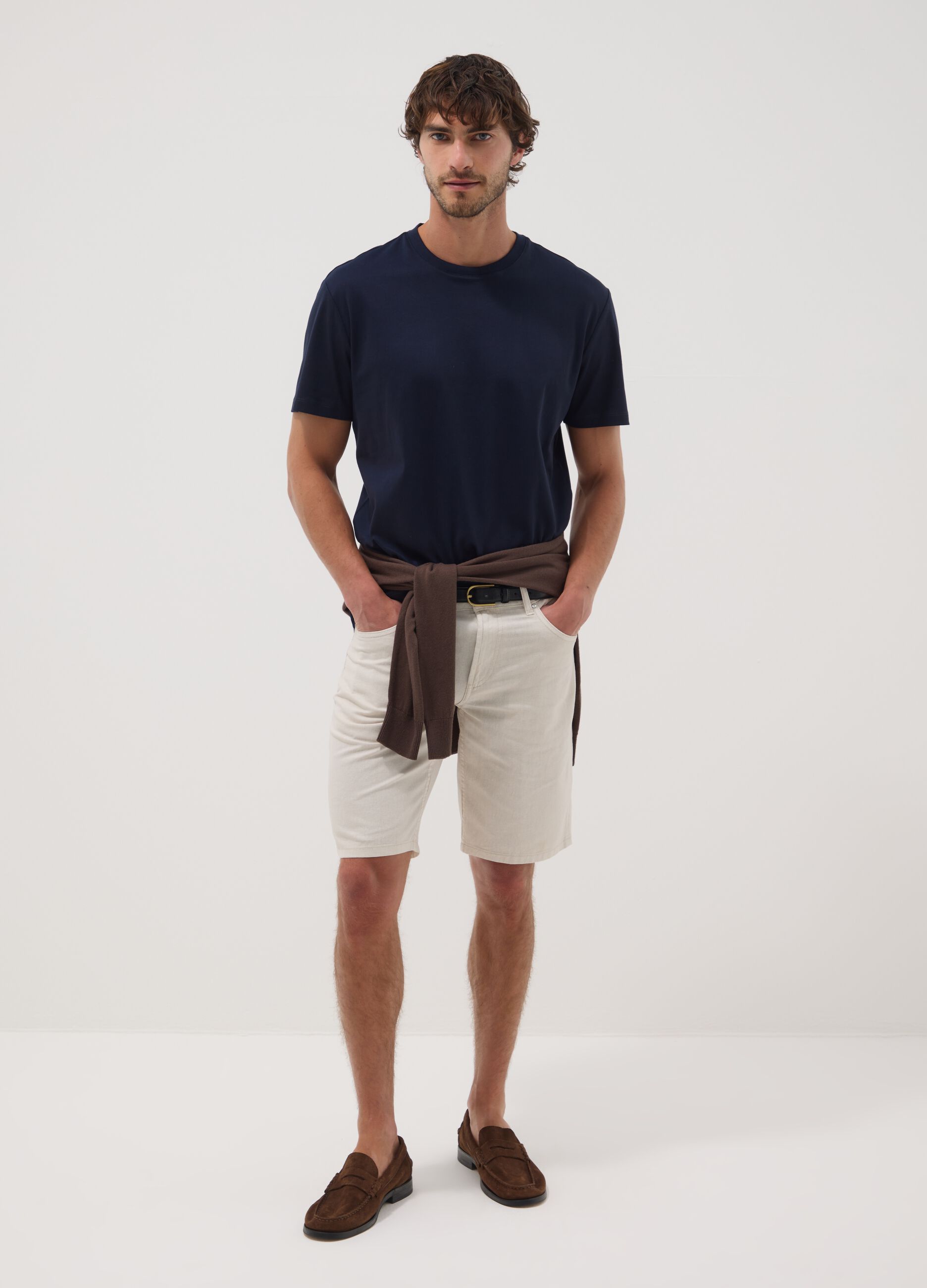 Beige linen-cotton blend five-pocket Bermuda shorts