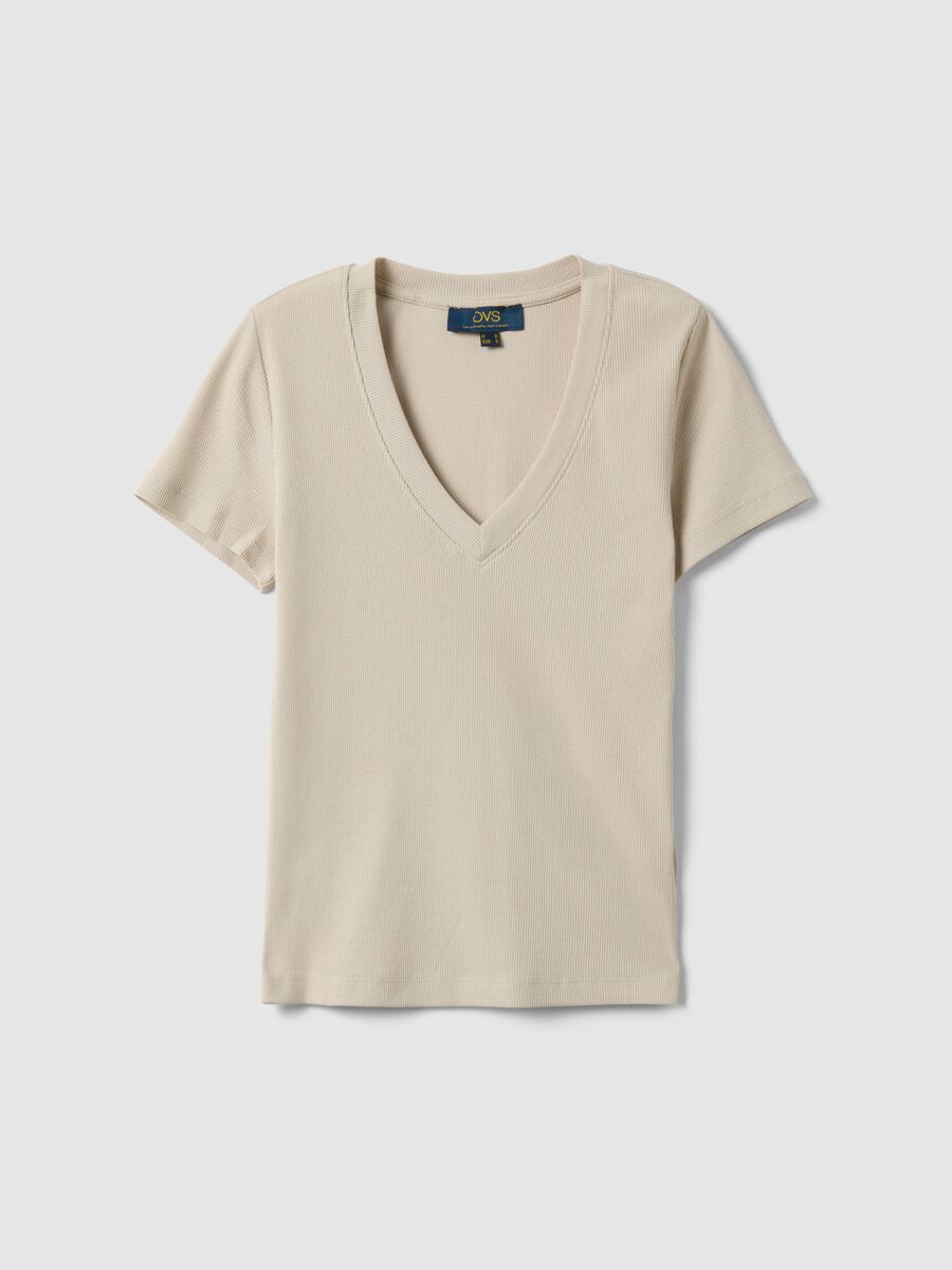 T-shirt in cotone elasticizzato beige regular fit deep V_0
