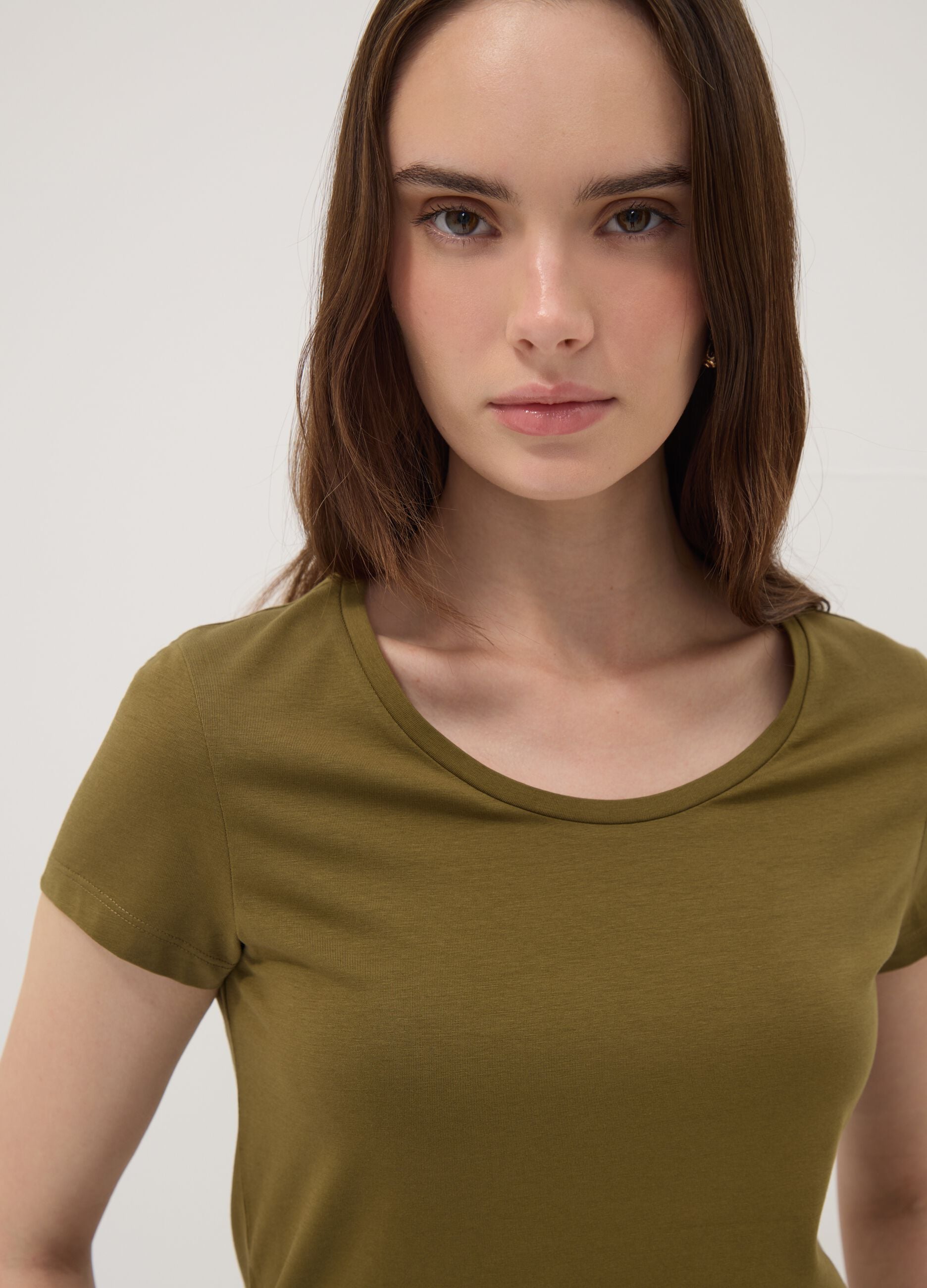 Green stretch cotton crew-neck T-shirt, regular fit