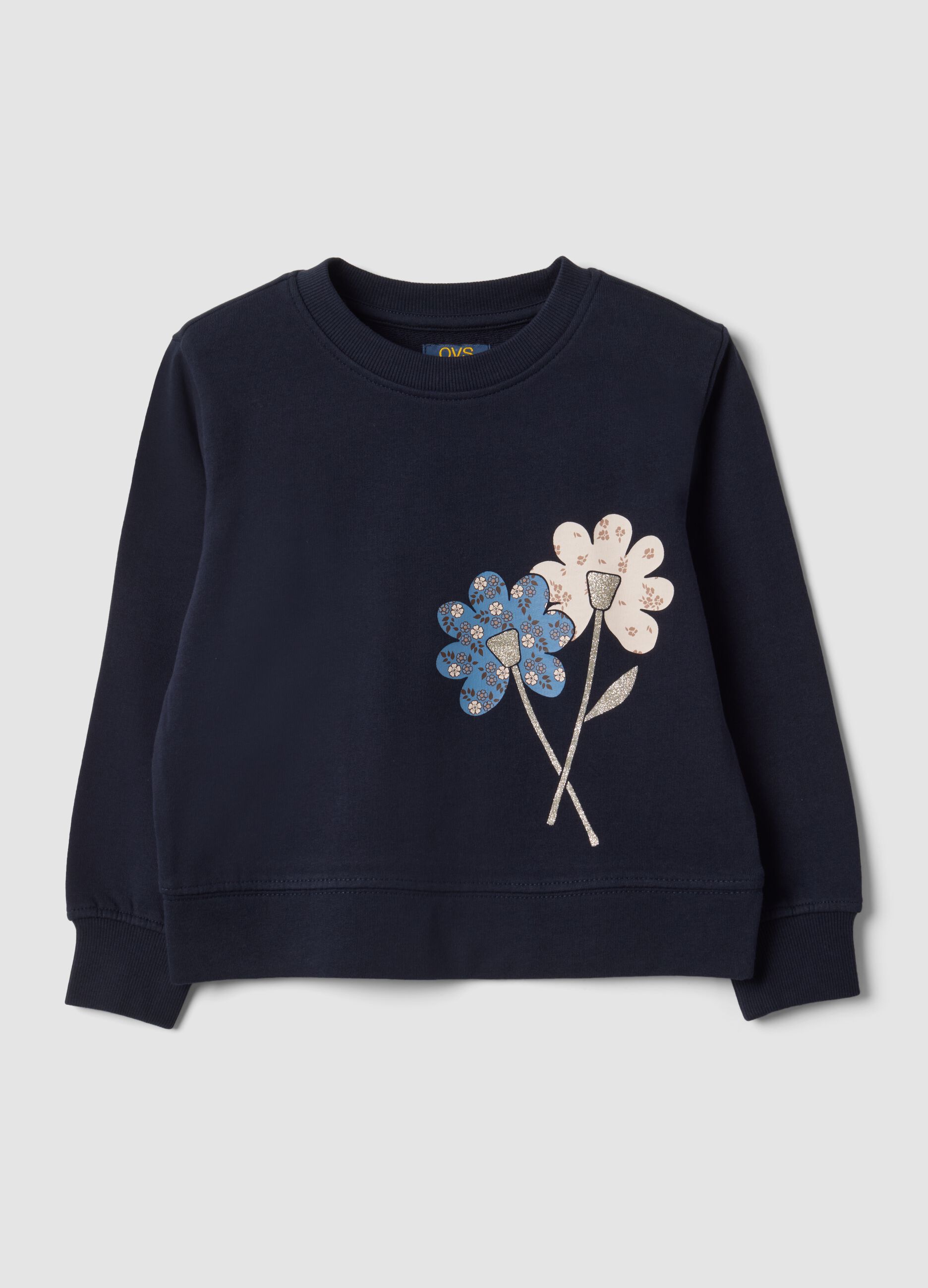 Blue pure cotton sweatshirt with crew neck and floral print
