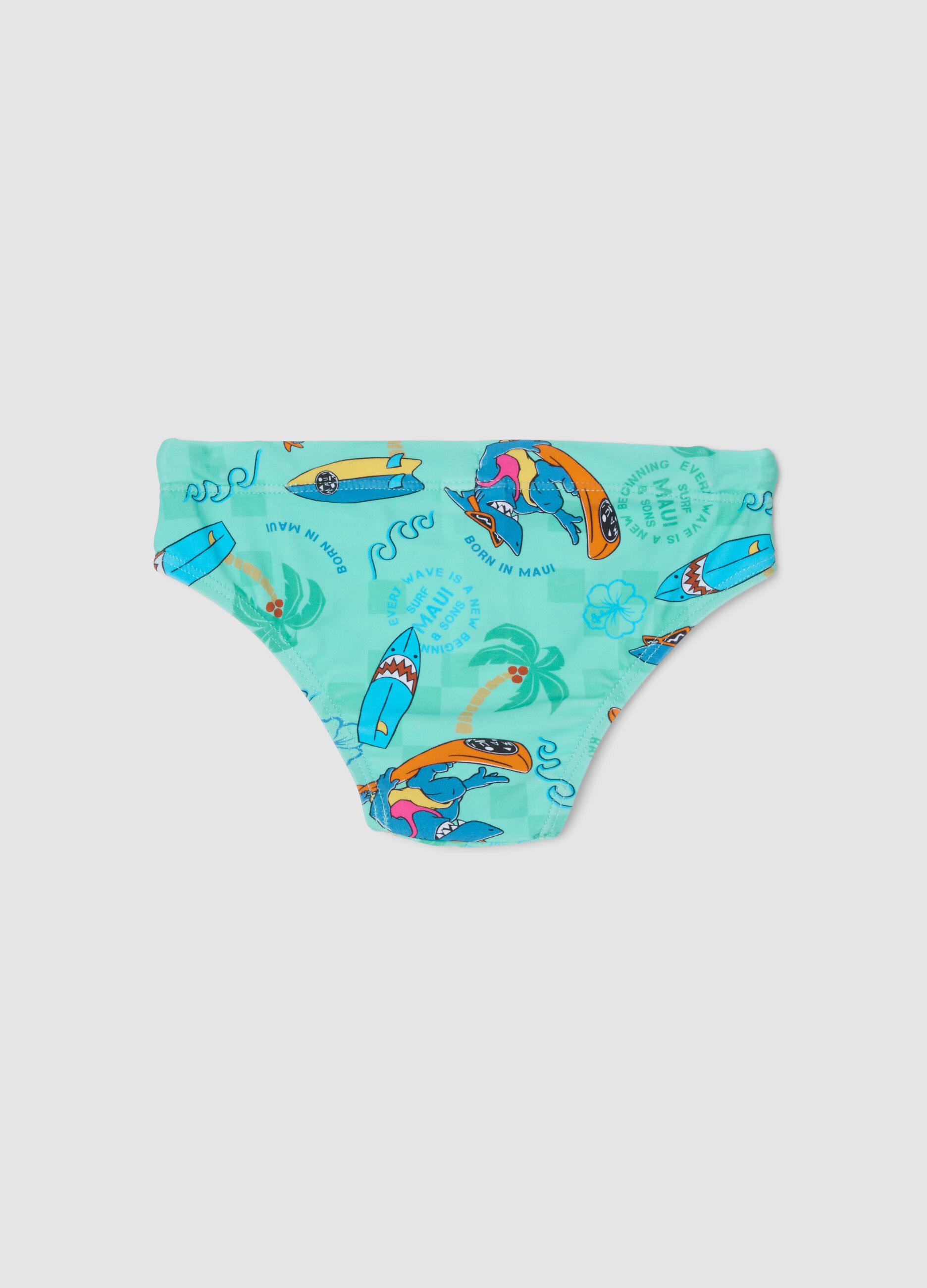 Boys&rsquo; blue stretch swim briefs with print