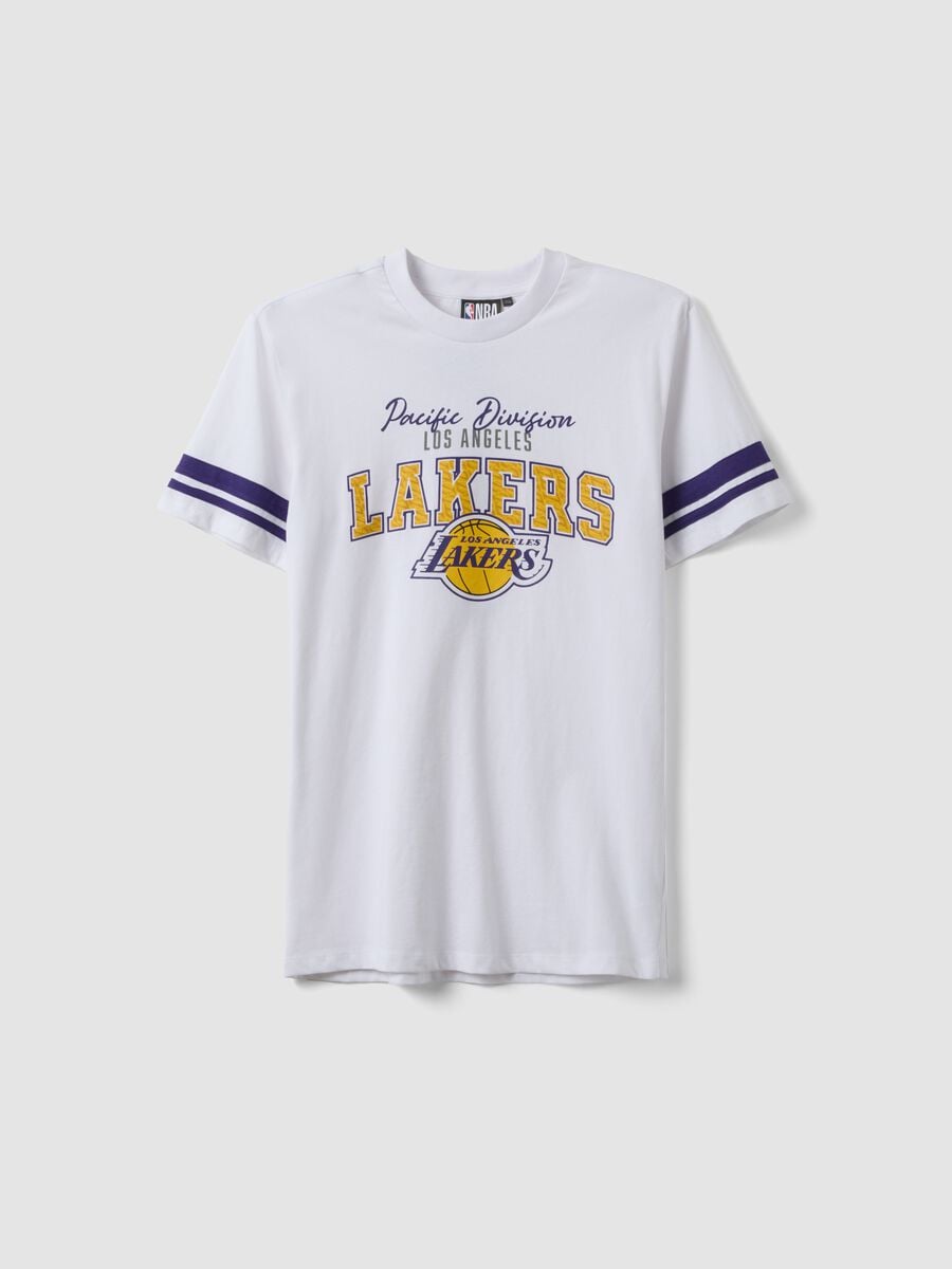Boys' pure cotton relaxed fit white T-shirt with Lakers prints_3