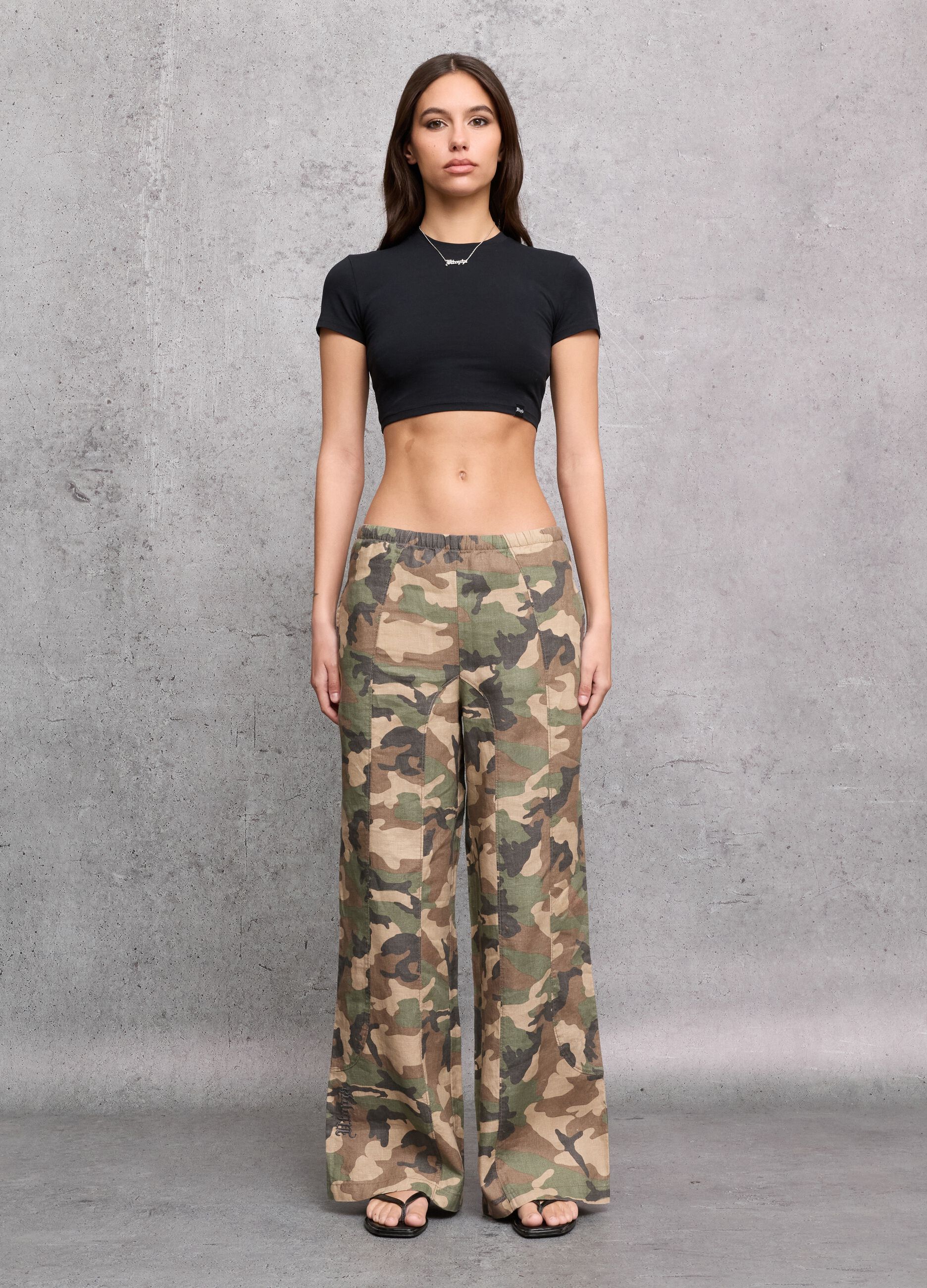 100% Linen Wide-Leg Camo Trousers