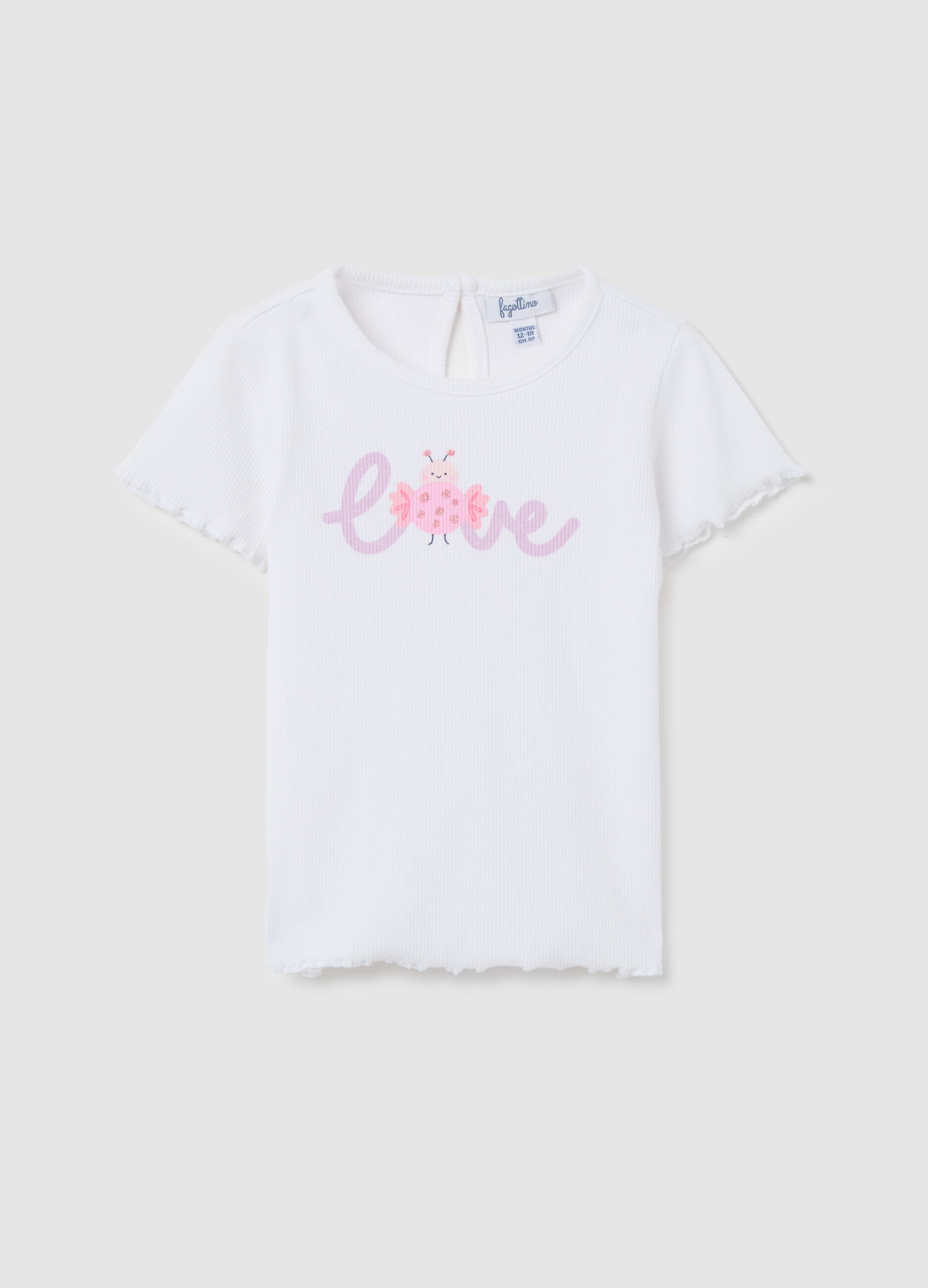 White ribbed T-shirt with glitter print