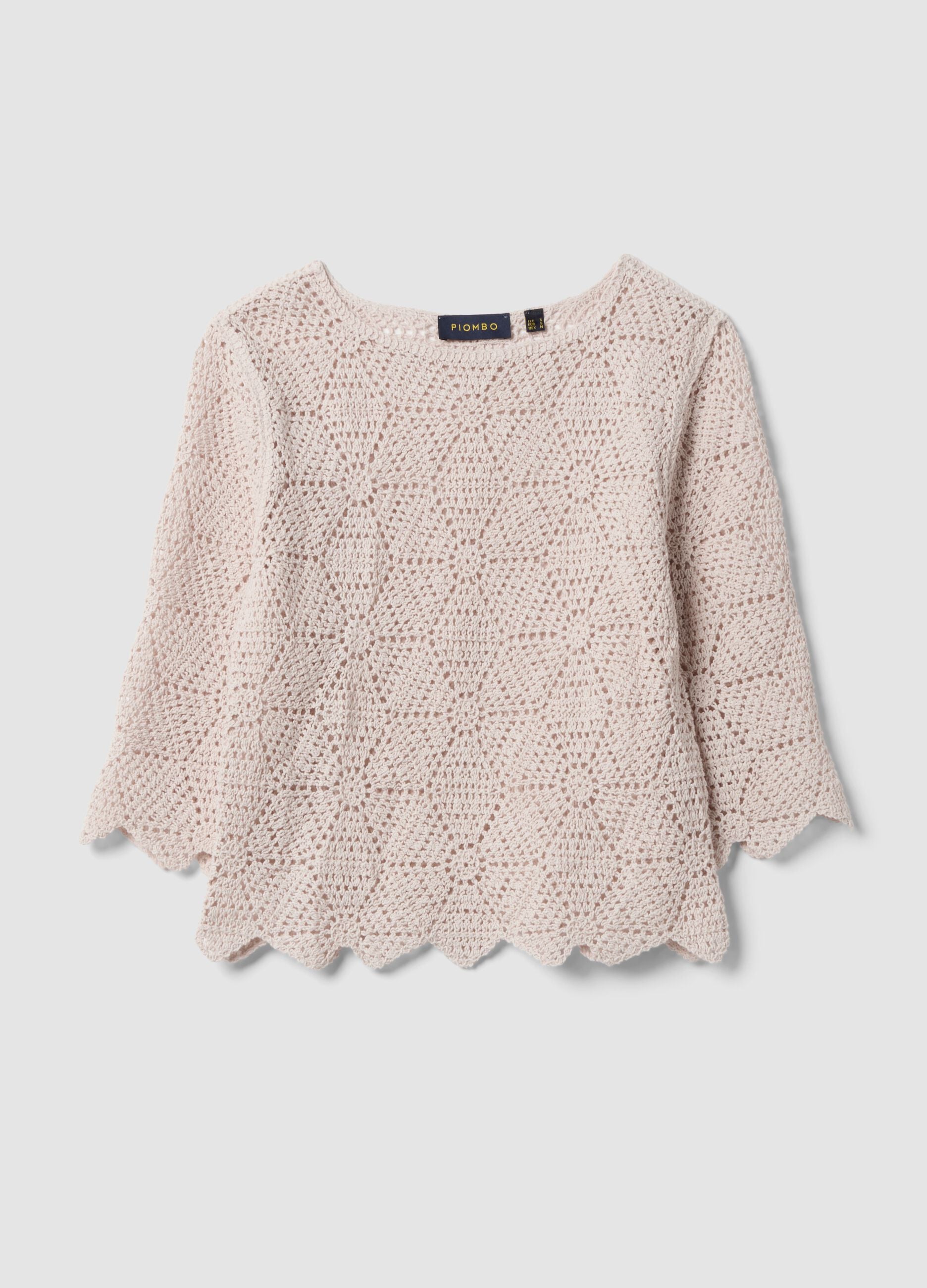 Beige pure cotton crochet T-shirt, regular fit