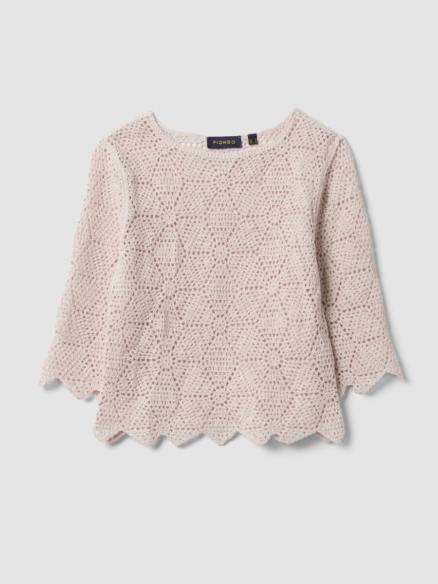 Beige pure cotton crochet T-shirt, regular fit_4