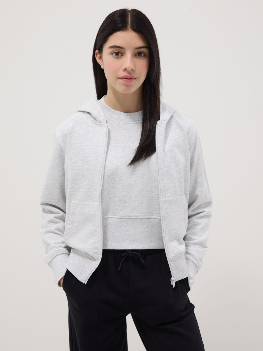 Felpa in puro cotone grigia per ragazze regular fit con zip_0