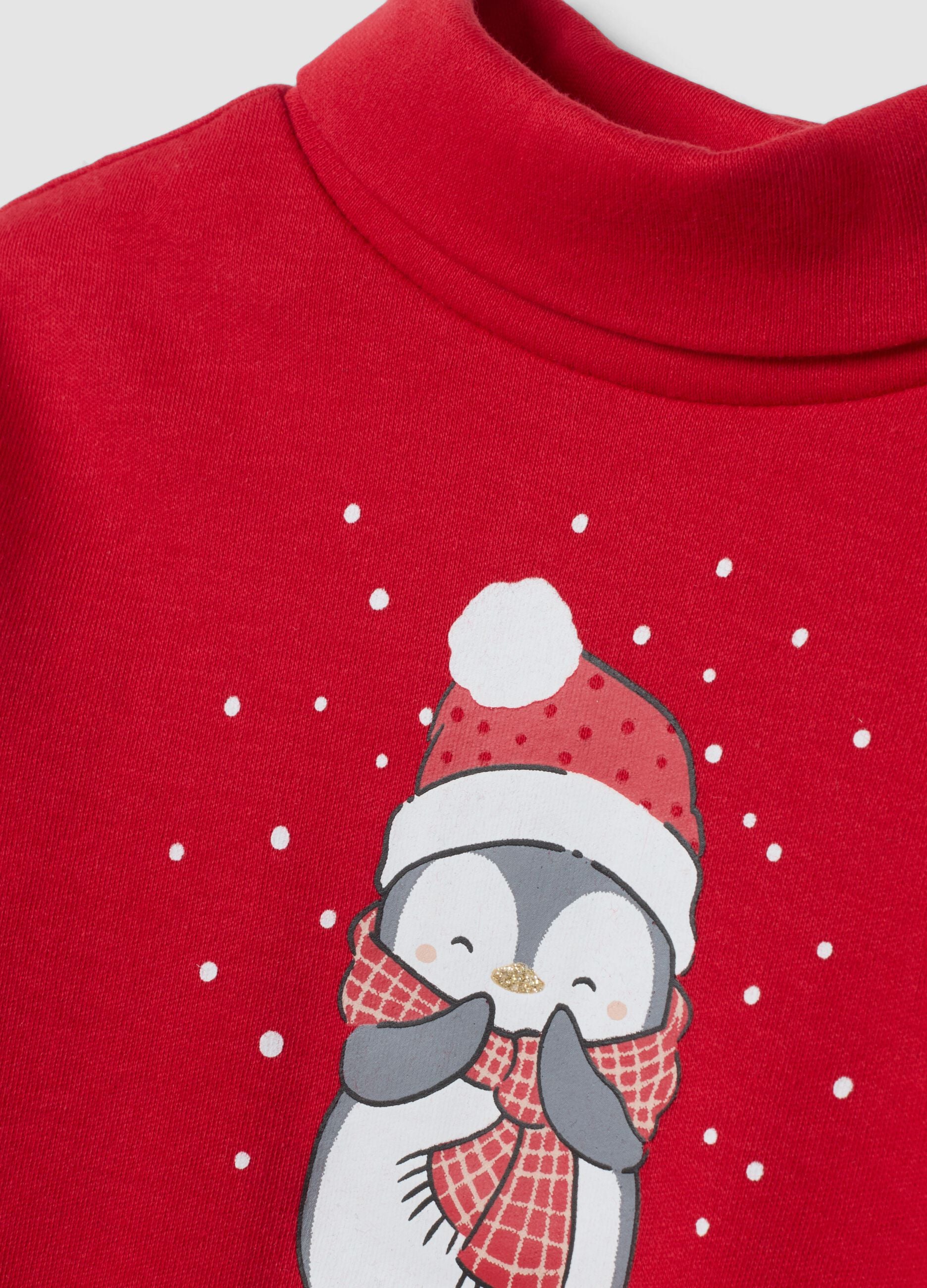 Red pure cotton T-shirt with penguin print