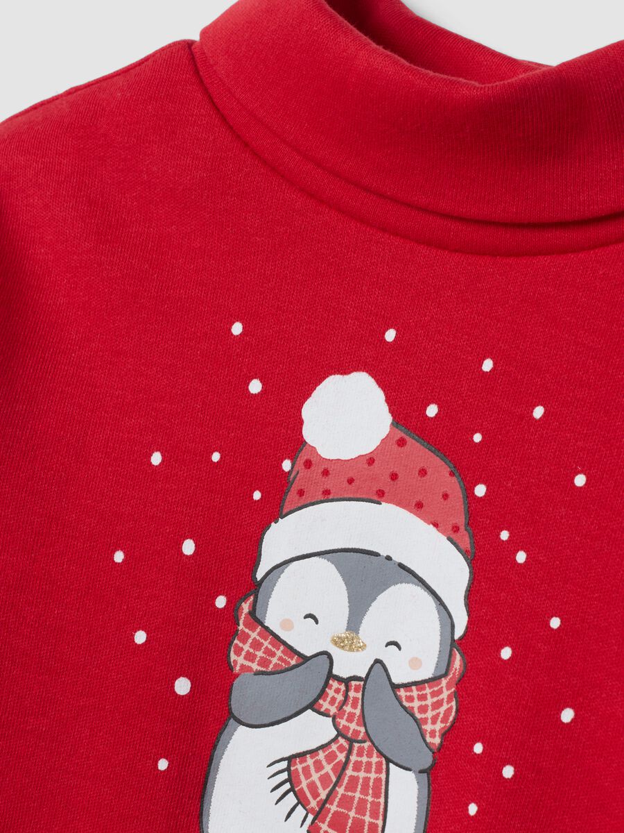 Maglietta rossa in puro cotone con stampa pinguino_2