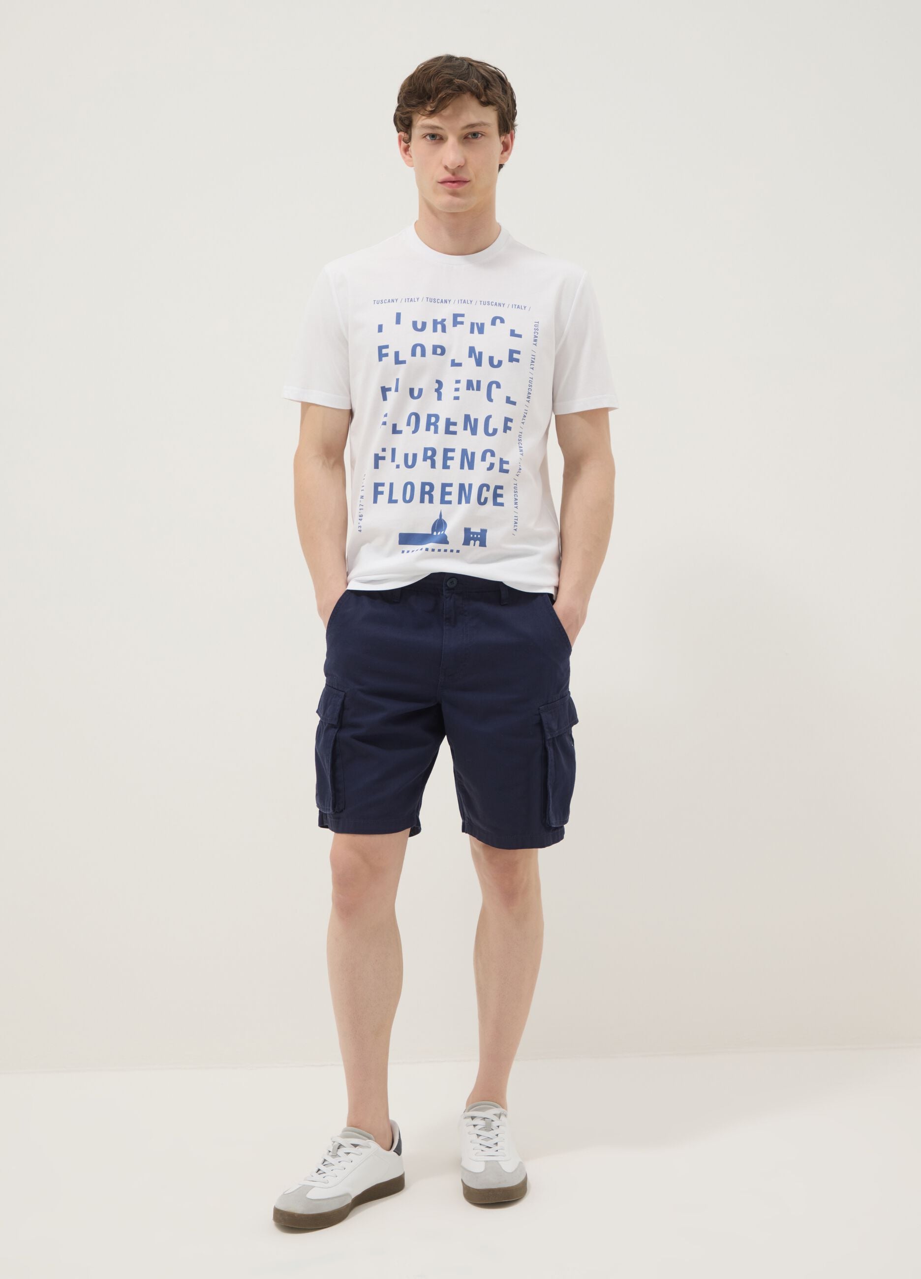 White pure cotton T-shirt with print, regular fit