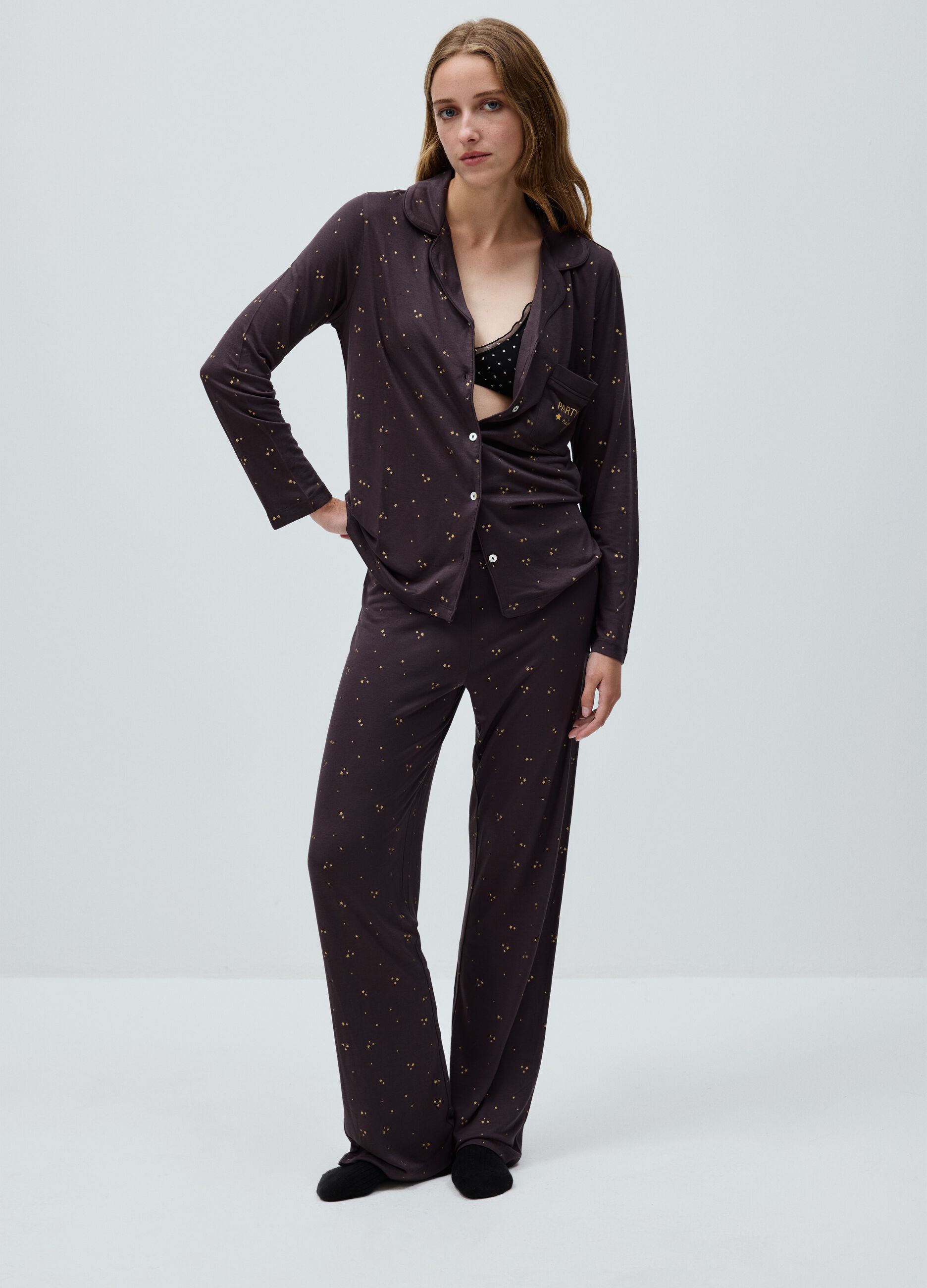 Purple pyjama trousers with stars, regular fit