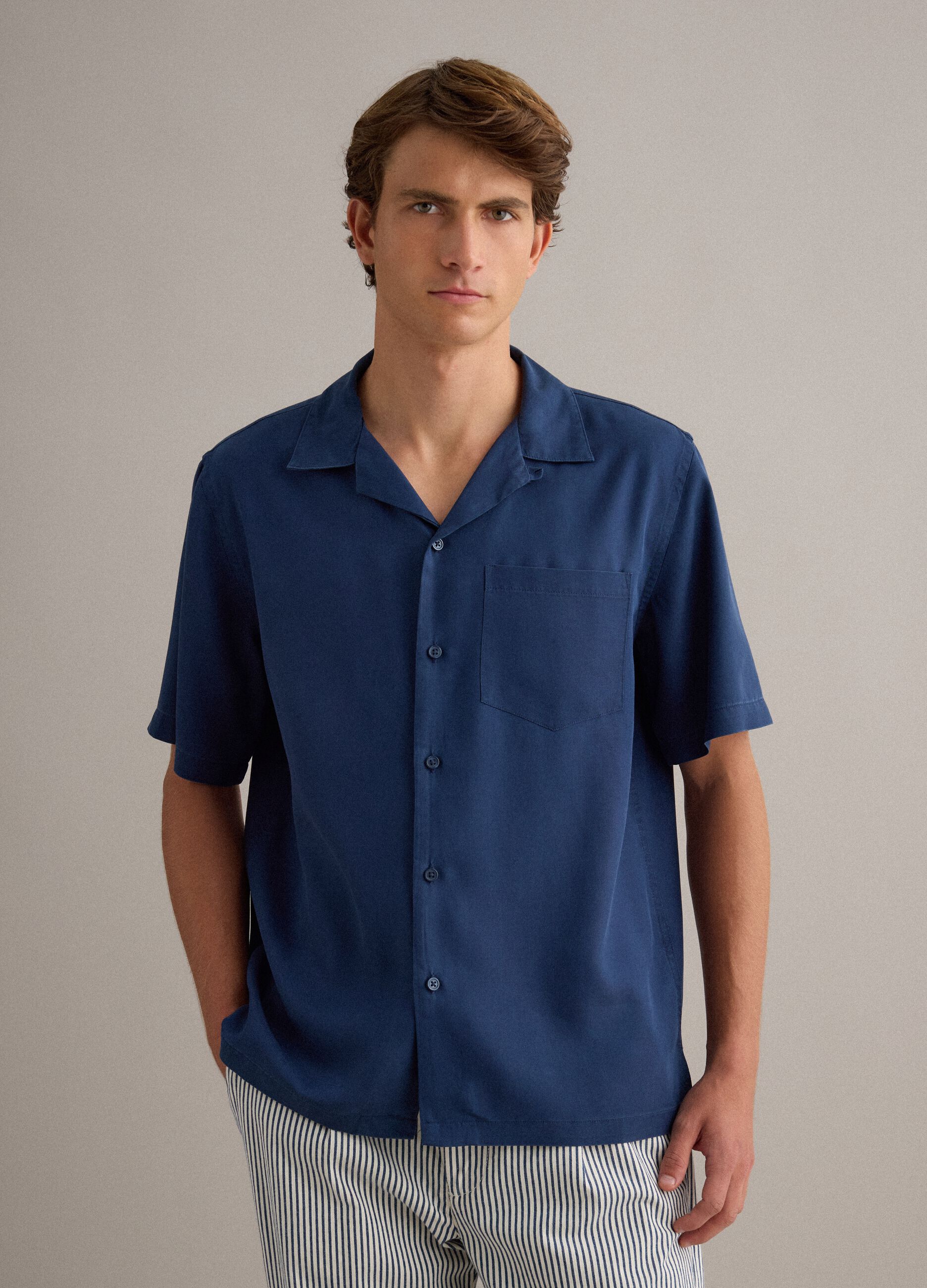 Blue short-sleeve pure lyocell shirt, regular fit