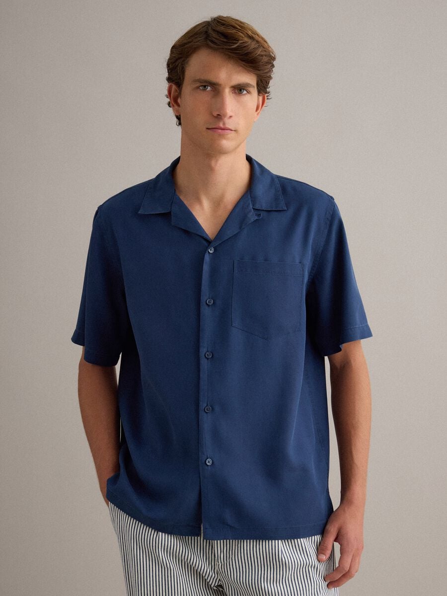 Camicia blu a maniche corte in puro lyocell regular fit_0
